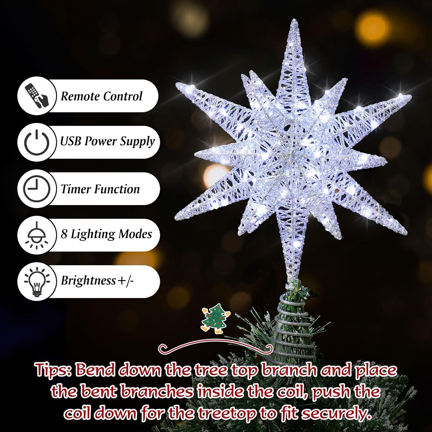 Roylvan Christmas Star Tree Topper with 8 Lighting Modes, USB Lighted Tree Topper with 20 LED Lights, Shiny Treetop Christmas Tree Decoration for Indoor Outdoor Holiday Home Ornament Gift, 9.8 Inch(H)