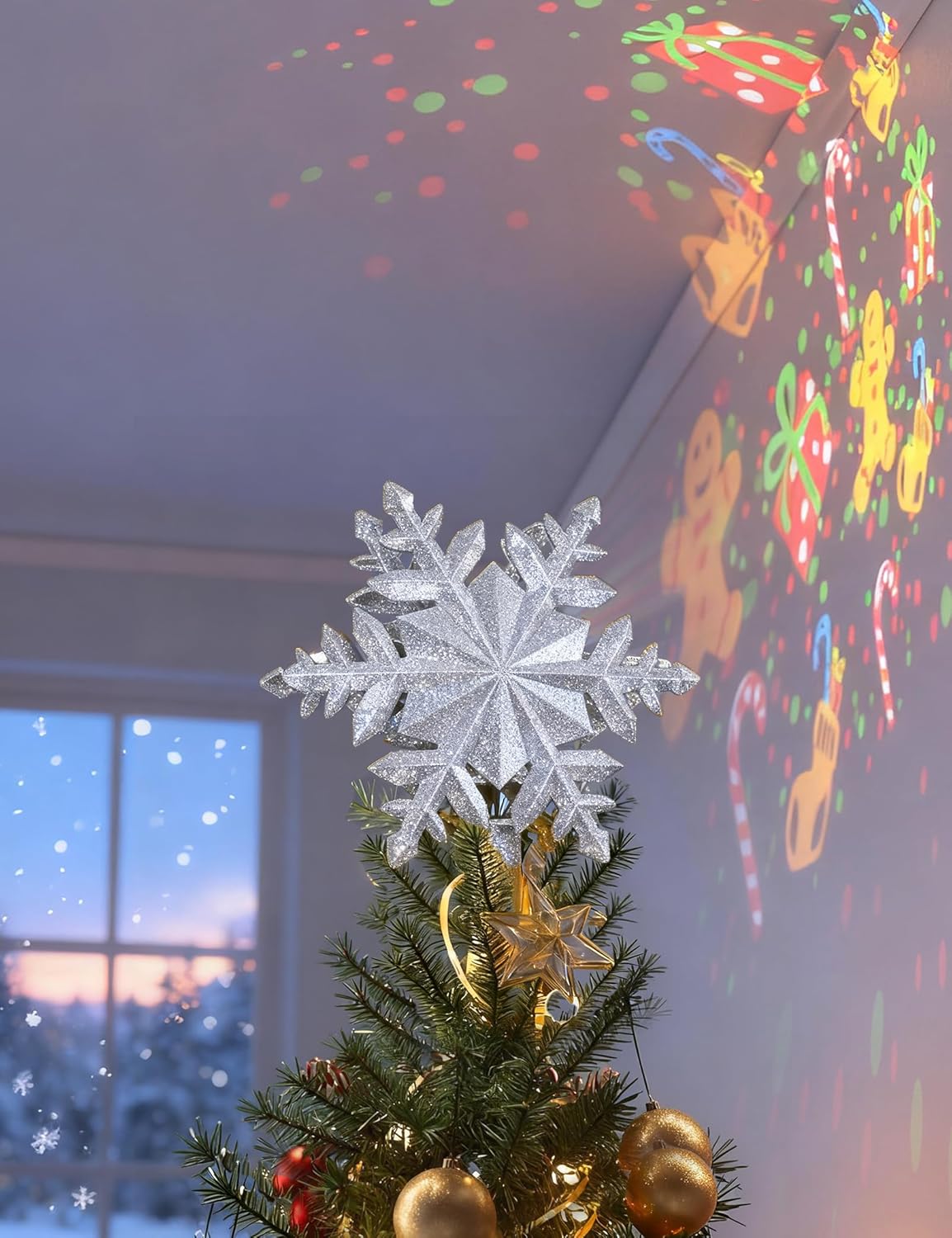 DG-Direct Christmas Tree Topper Lighted with Golden Snowflake Projector, Led Rotating Magic Snowflake, 3D Hollow Glitter Lighted Gold Snow Tree Topper for Christmas Tree Decorations