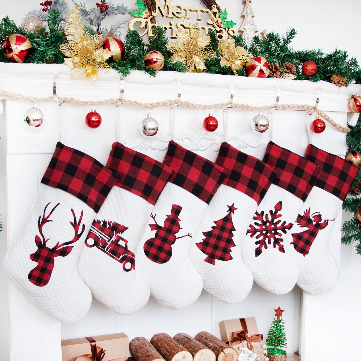 LUBOT Set of 8 Christmas Stocking(20inch) Silhouette Buffalo Red Plaid/Rustic/Farmhouse/Country Cotton Fireplace Hanging Xmas Stockings Decorations for Family Holiday Season Decor