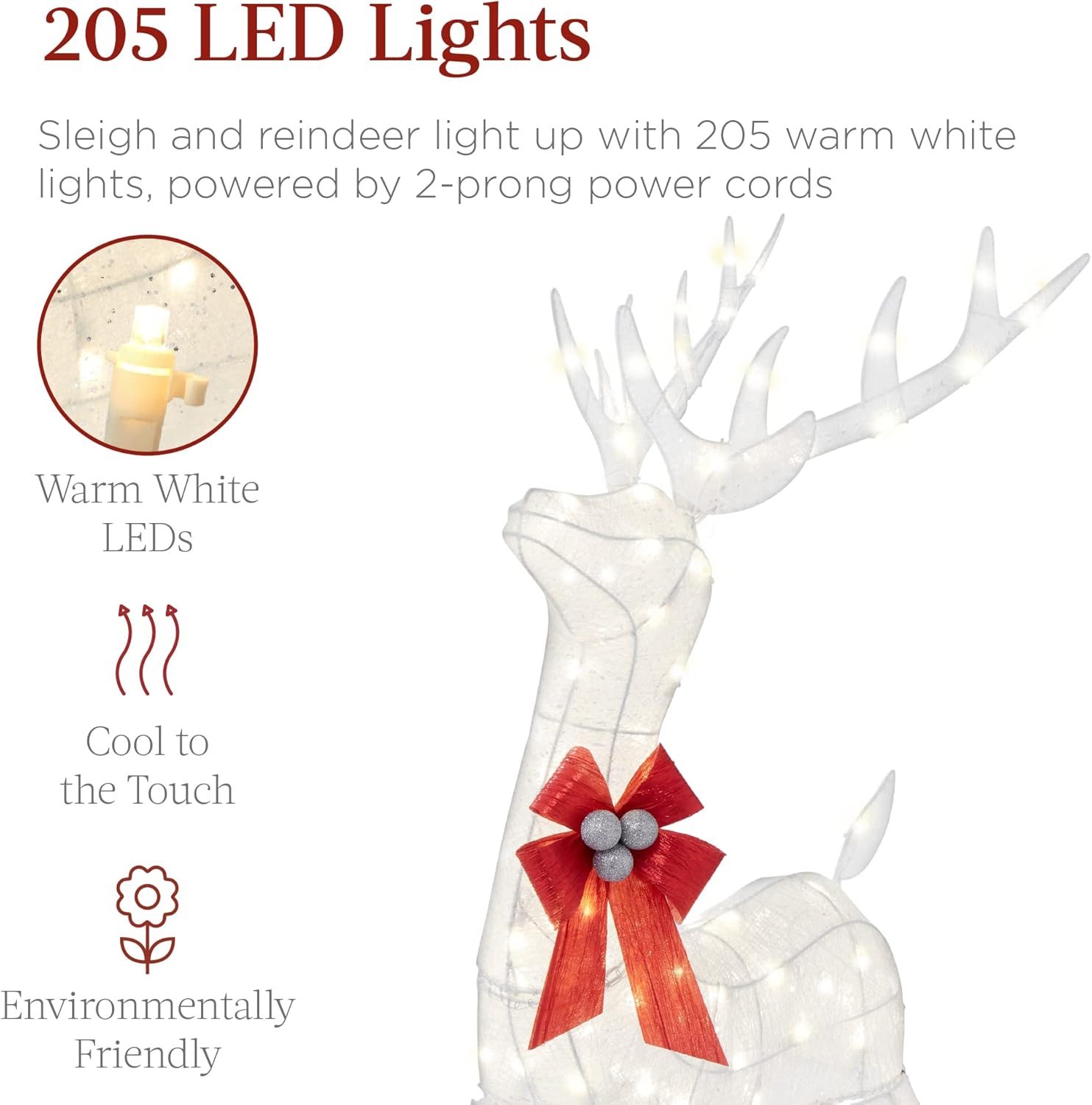 Best Choice Products Lighted Christmas 4ft Reindeer & Sleigh Holiday Outdoor Yard Decoration Set w/ 205 LED Lights, Stakes, Zip Ties - Gold