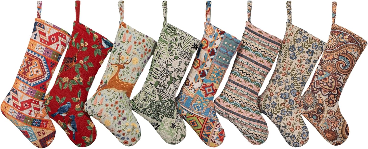 LUBOT Set of 8 Christmas Stocking(20inch) Silhouette Buffalo Red Plaid/Rustic/Farmhouse/Country Cotton Fireplace Hanging Xmas Stockings Decorations for Family Holiday Season Decor