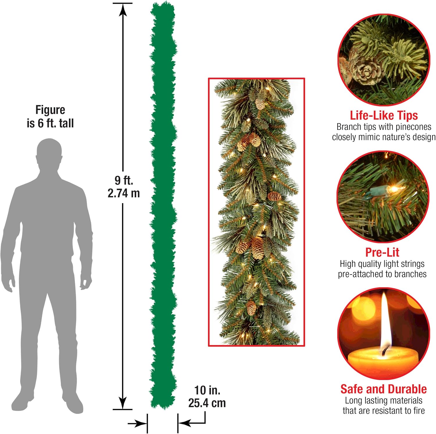 National Tree Company 9 ft Pre-Lit Carolina Pine Artificial Christmas Garland, Christmas Decoration with Pinecones, 100 Clear Lights, 240 Tips, Green