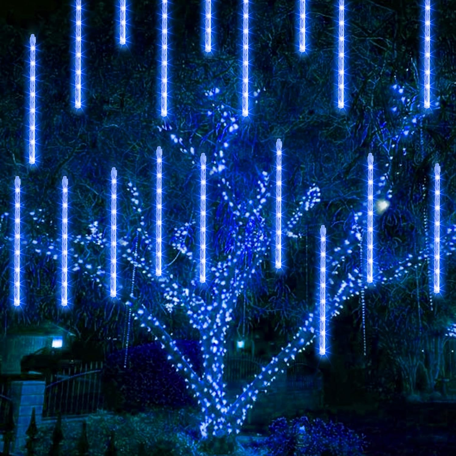 Dazzle Bright 864LED Christmas Light, Meteor Shower Rain Lights 11.8 Inch 24 Tubes, Waterproof Plug in Falling Rain Lights Christmas Decorations for Xmas Bushes Tree Yard Party (Blue)