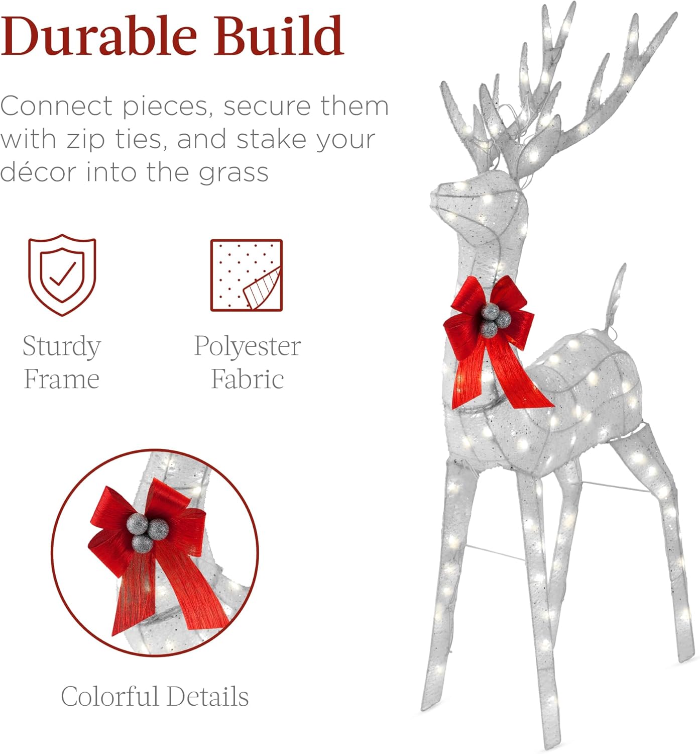 Best Choice Products Lighted Christmas 4ft Reindeer & Sleigh Holiday Outdoor Yard Decoration Set w/ 205 LED Lights, Stakes, Zip Ties - Gold