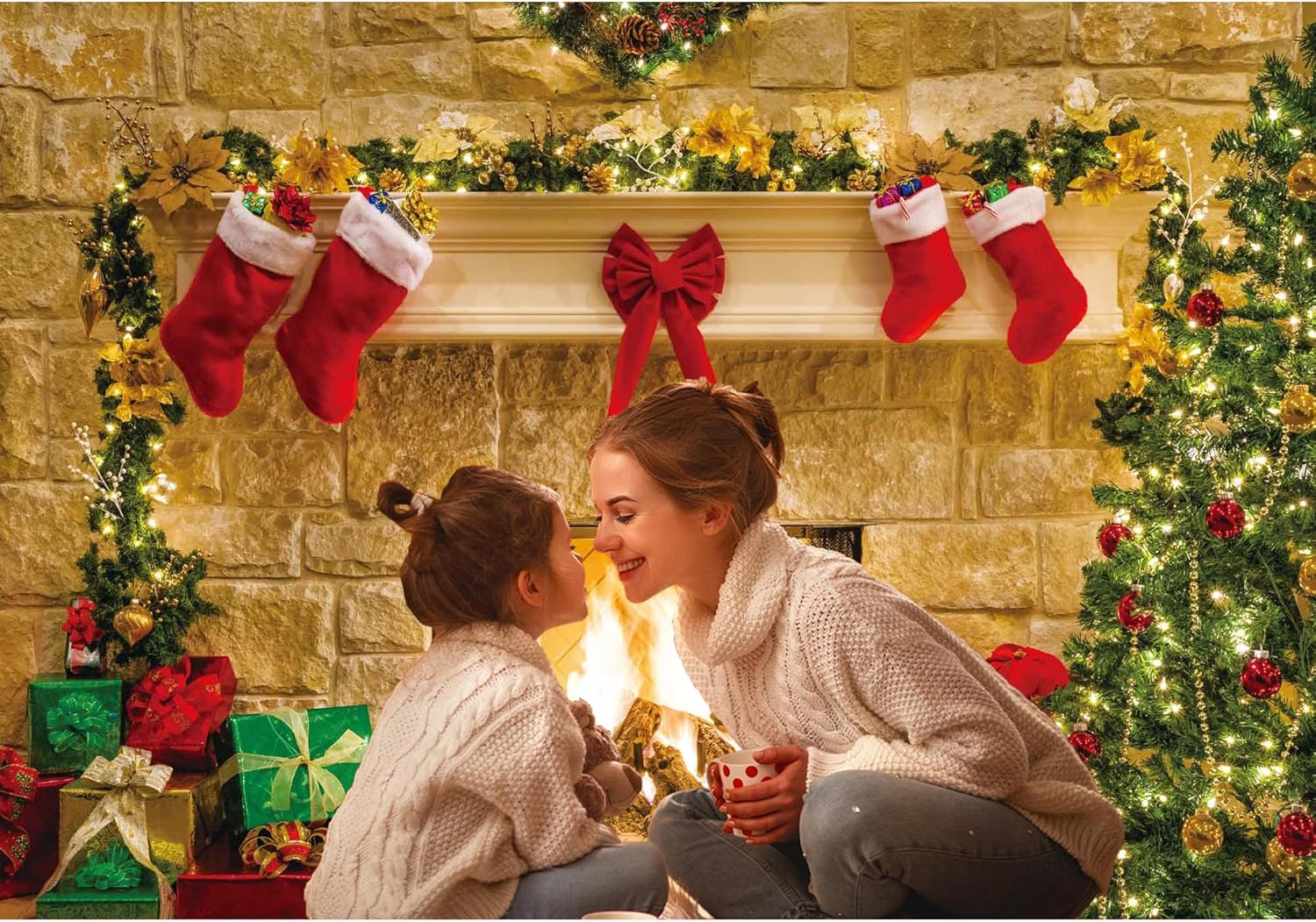 Christmas Fireplace Theme Backdrop for Photography Soft Wrinkle Free Fabric Tree Sock Decorations for Xmas Party Supplies Photo Background Pictures Banner Studio Decor Booth Props