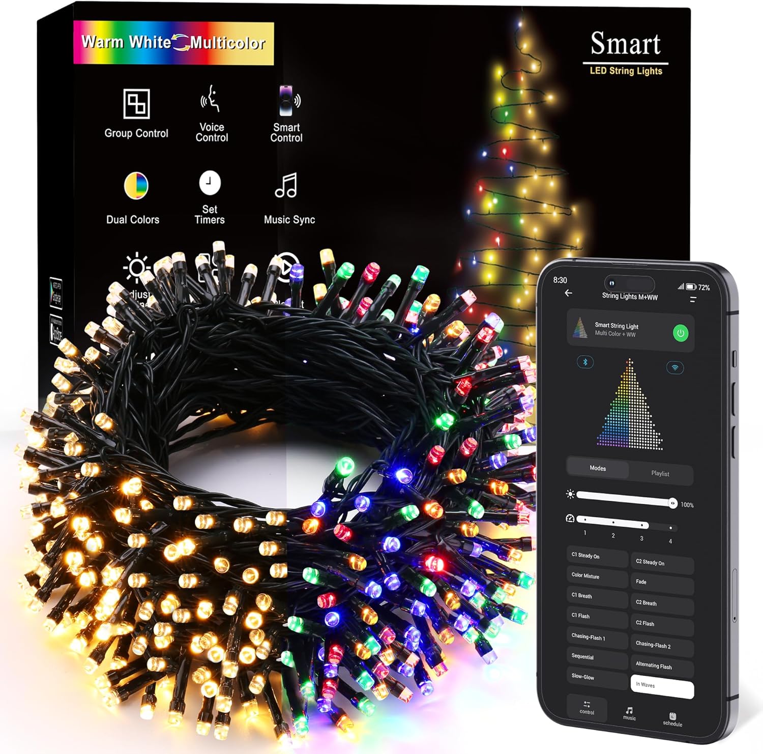 Brizled Color Changing Christmas Lights, 65.67ft 200 LED Cool White & Multicolor Christmas Lights, 11 Modes Remote Dimmable 29V Safe Adapter Outdoor Christmas Tree Lights String for Xmas Party Tree