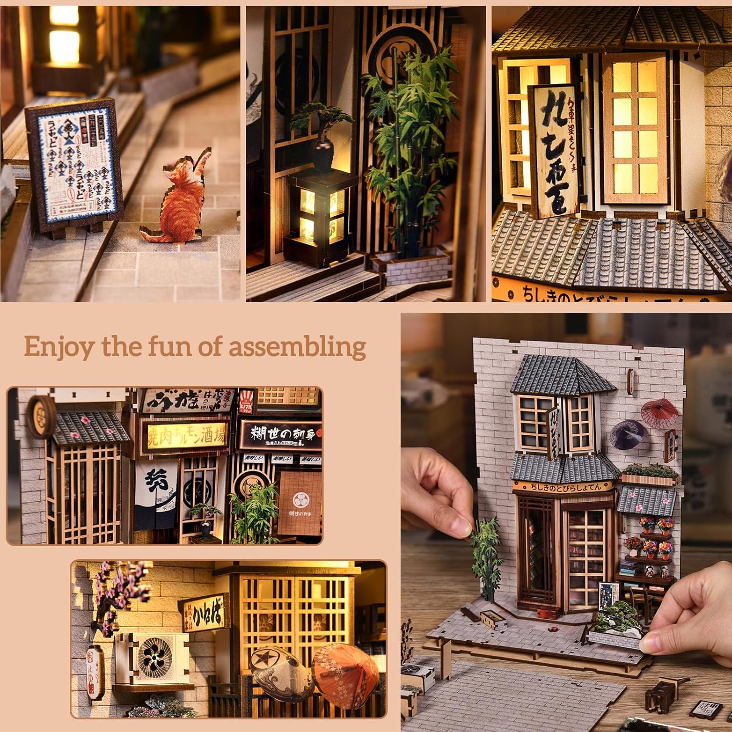 CRIOLPO Book Nook Kit - DIY Doll House Booknook, Book Nook Miniature Kit for Bookshelf Doll Houses for Adults Teen Halloween, 3D Wooden Puzzle Bookends with Sensor Led Light