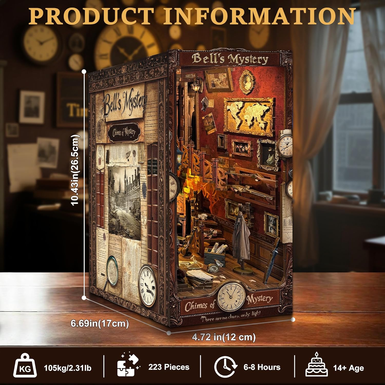 CRIOLPO Book Nook Kit - DIY Doll House Booknook, Book Nook Miniature Kit for Bookshelf Doll Houses for Adults Teen Halloween, 3D Wooden Puzzle Bookends with Sensor Led Light