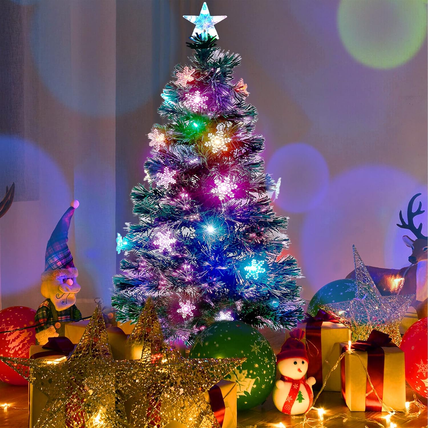 Juegoal 6 ft Pre-Lit Optical Fiber Christmas Artificial Tree, RGB Color Changing LED Lights, Snowflakes & Top Star, Fake Xmas Tree with Metal Legs