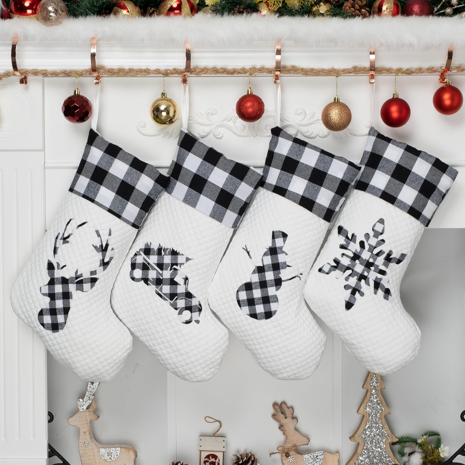 LUBOT Set of 8 Christmas Stocking(20inch) Silhouette Buffalo Red Plaid/Rustic/Farmhouse/Country Cotton Fireplace Hanging Xmas Stockings Decorations for Family Holiday Season Decor