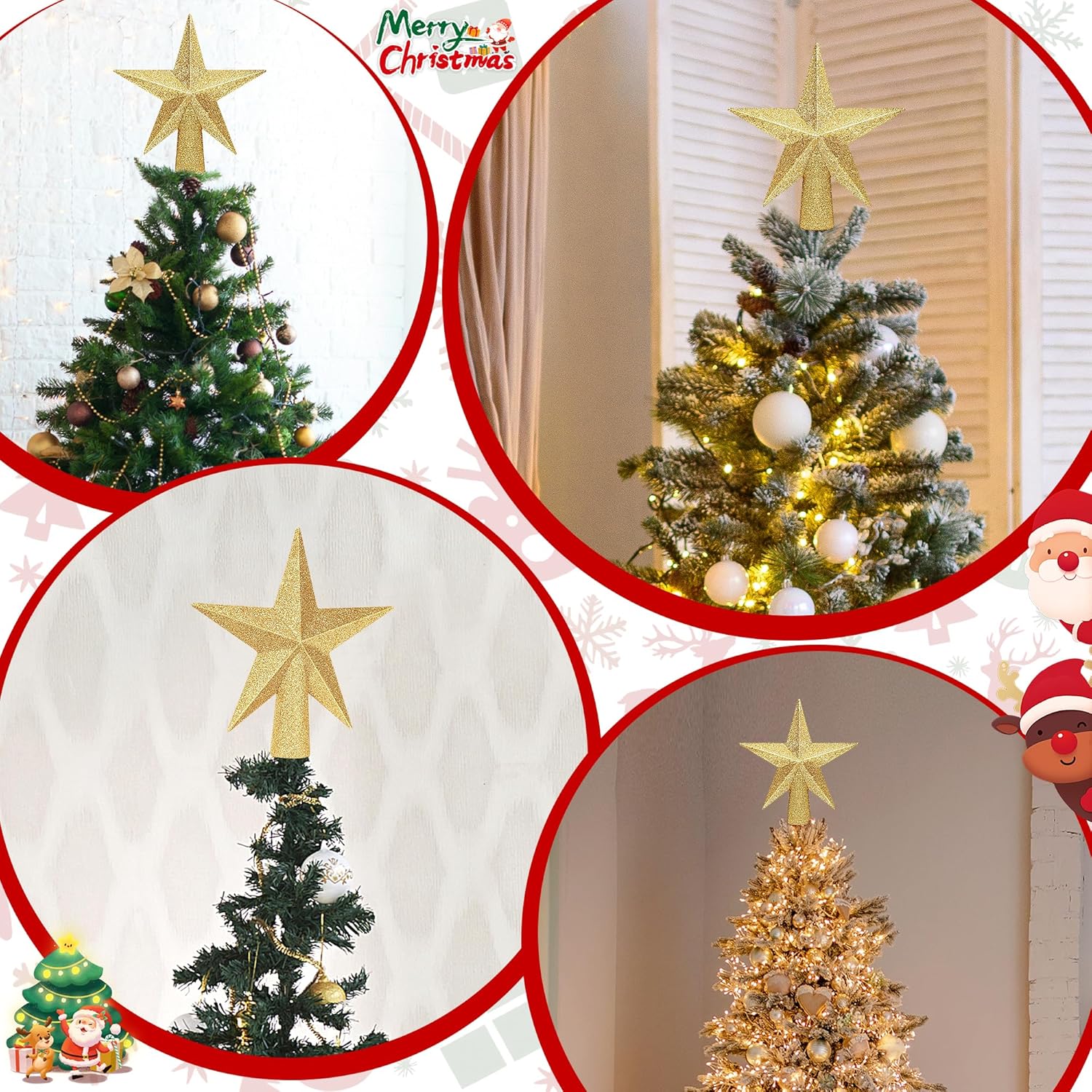 Christmas Tree Star Topper, 8 Gold Xmas Star Tree Decorations, 3D Shatterproof Bethlehem Star Tree Topper Decorations, Waterproof Christmas Tree Topper Decor for Holiday Home Outdoor Ornament