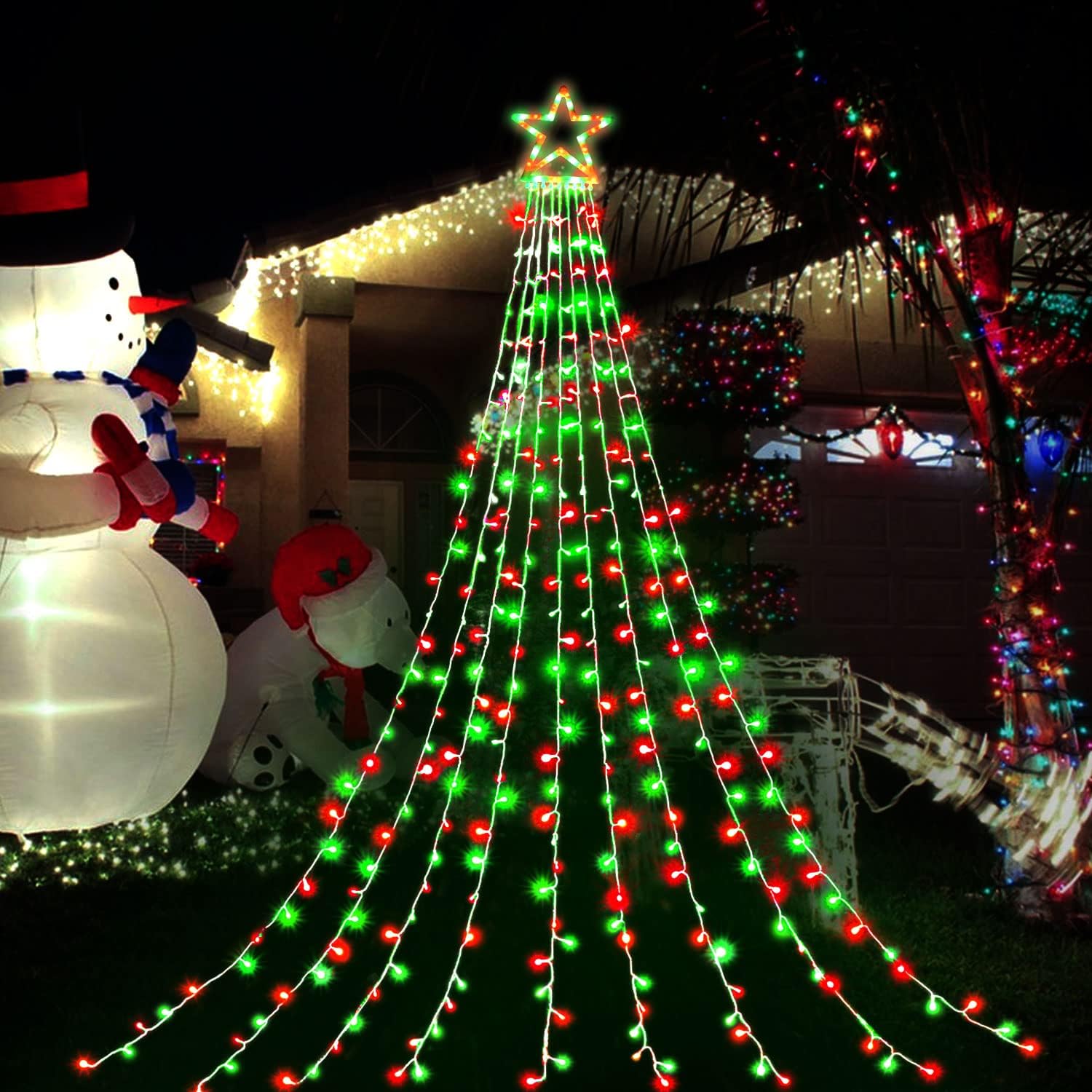 PUHONG Christmas Lights, Decorations Star Lights, 320 LED Christmas Tree Lights Outdoor, 16.4Ft String Lights, 8 Light Modes with 12 Lighted Star for Xmas New Year (Iron-Multicolor)