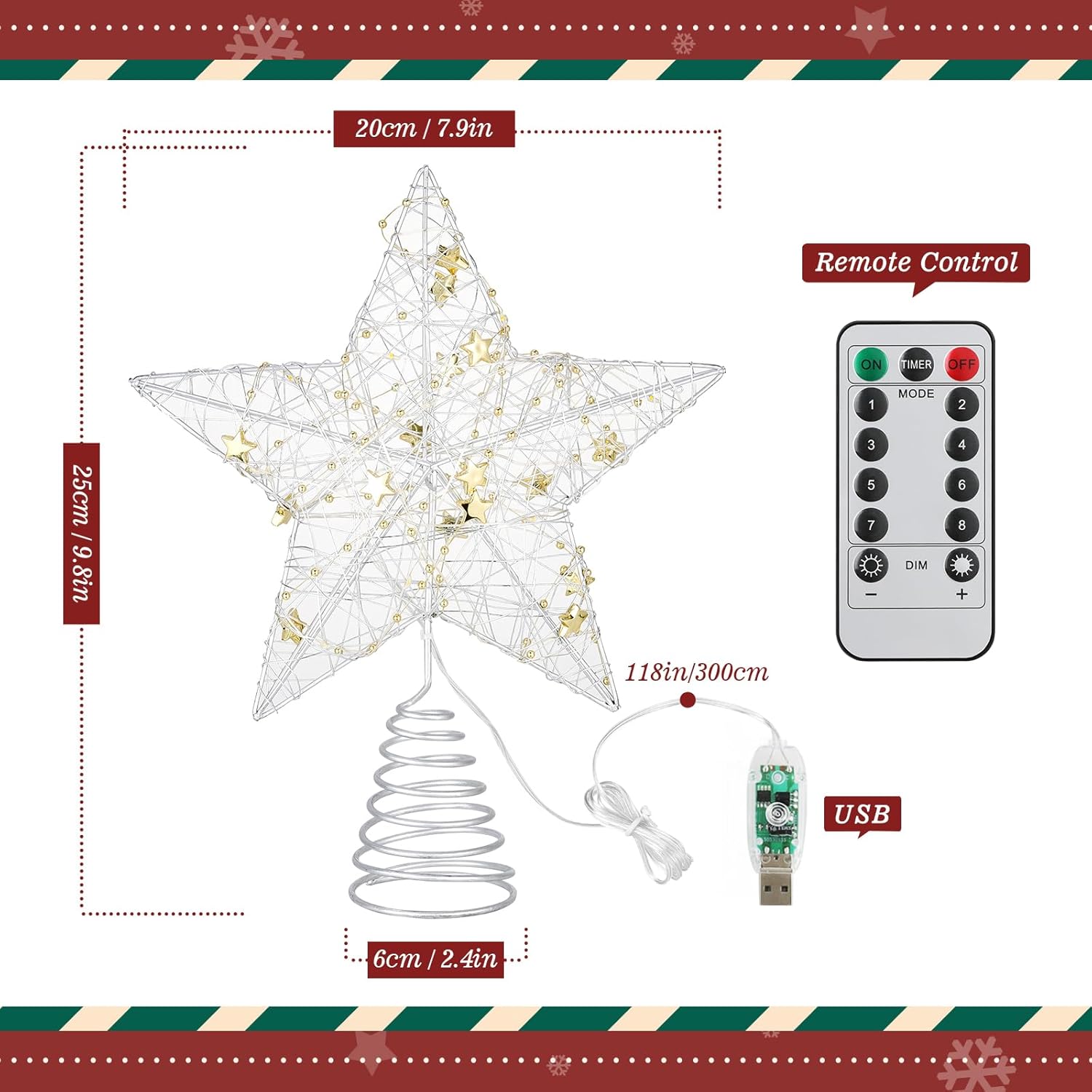 Roylvan Christmas Star Tree Topper with 8 Lighting Modes, USB Lighted Tree Topper with 20 LED Lights, Shiny Treetop Christmas Tree Decoration for Indoor Outdoor Holiday Home Ornament Gift, 9.8 Inch(H)