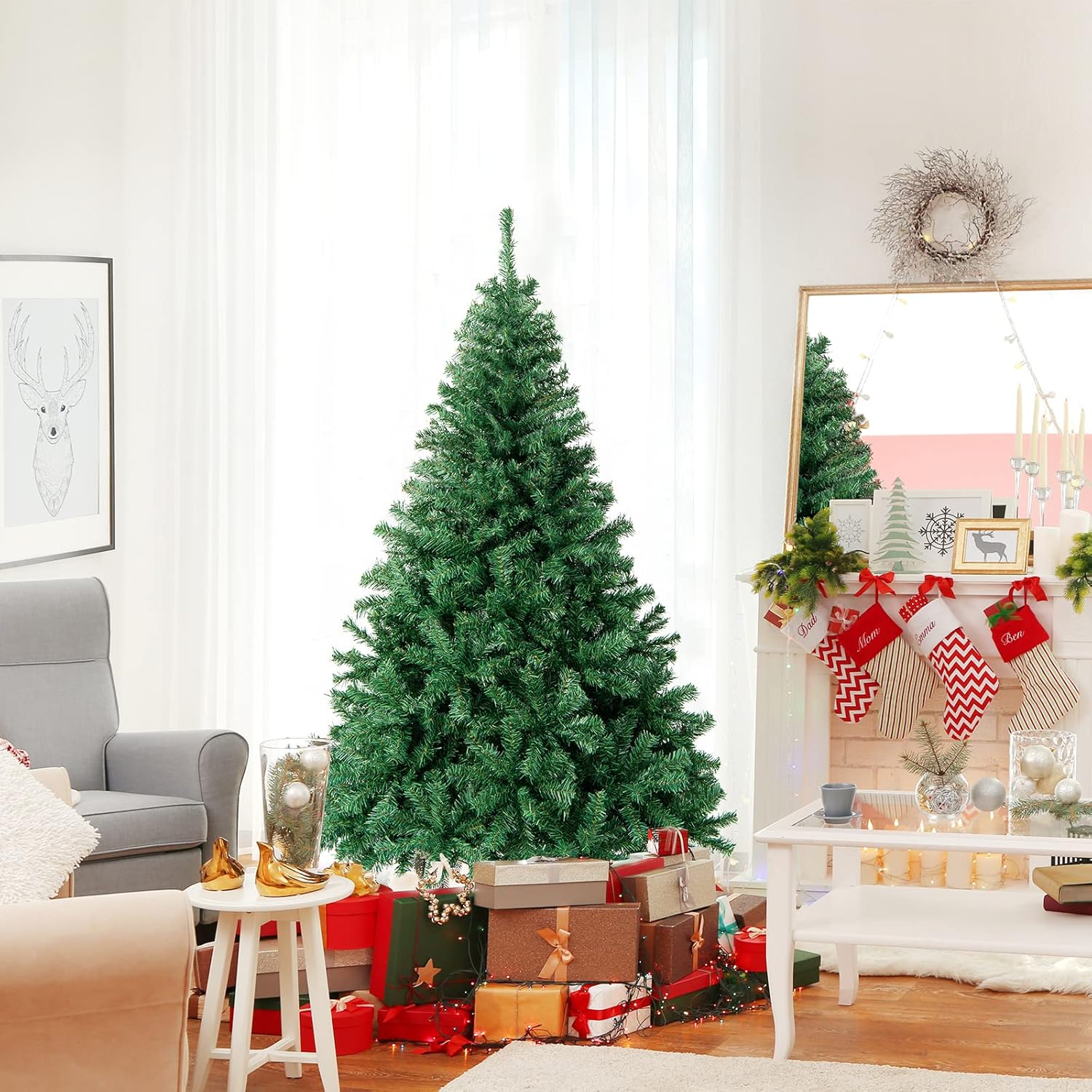 Goplus 8ft Artificial Christmas Tree, Unlit Christmas Pine Tree with 1138 PVC Branch Tips, Foldable Metal Stand, Xmas Full Tree for Indoor Home Office Decor