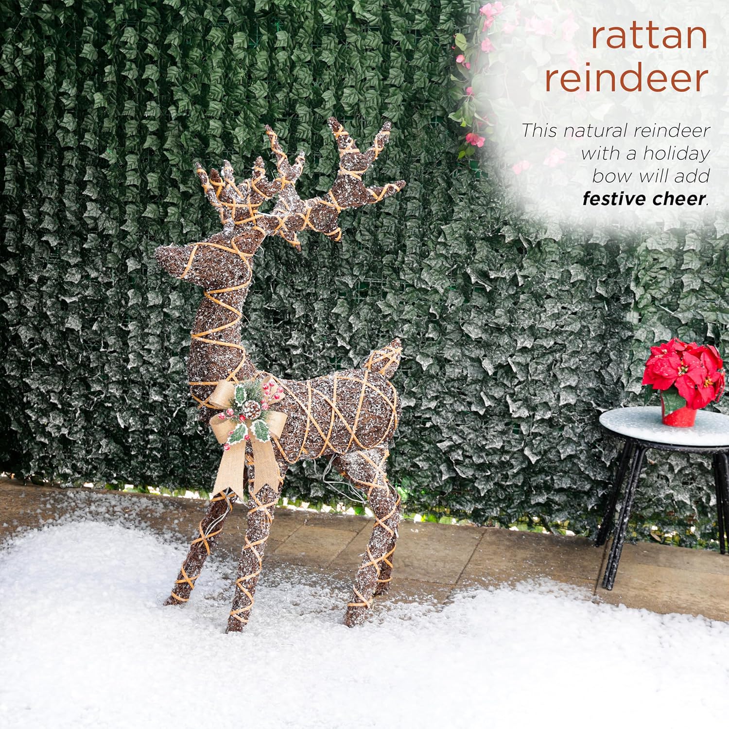 Alpine Corporation 24 Tall Outdoor Rattan Grazing Reindeer Lawn Decoration with White LED Lights, Christmas Yard Decor, Holiday Garden Display