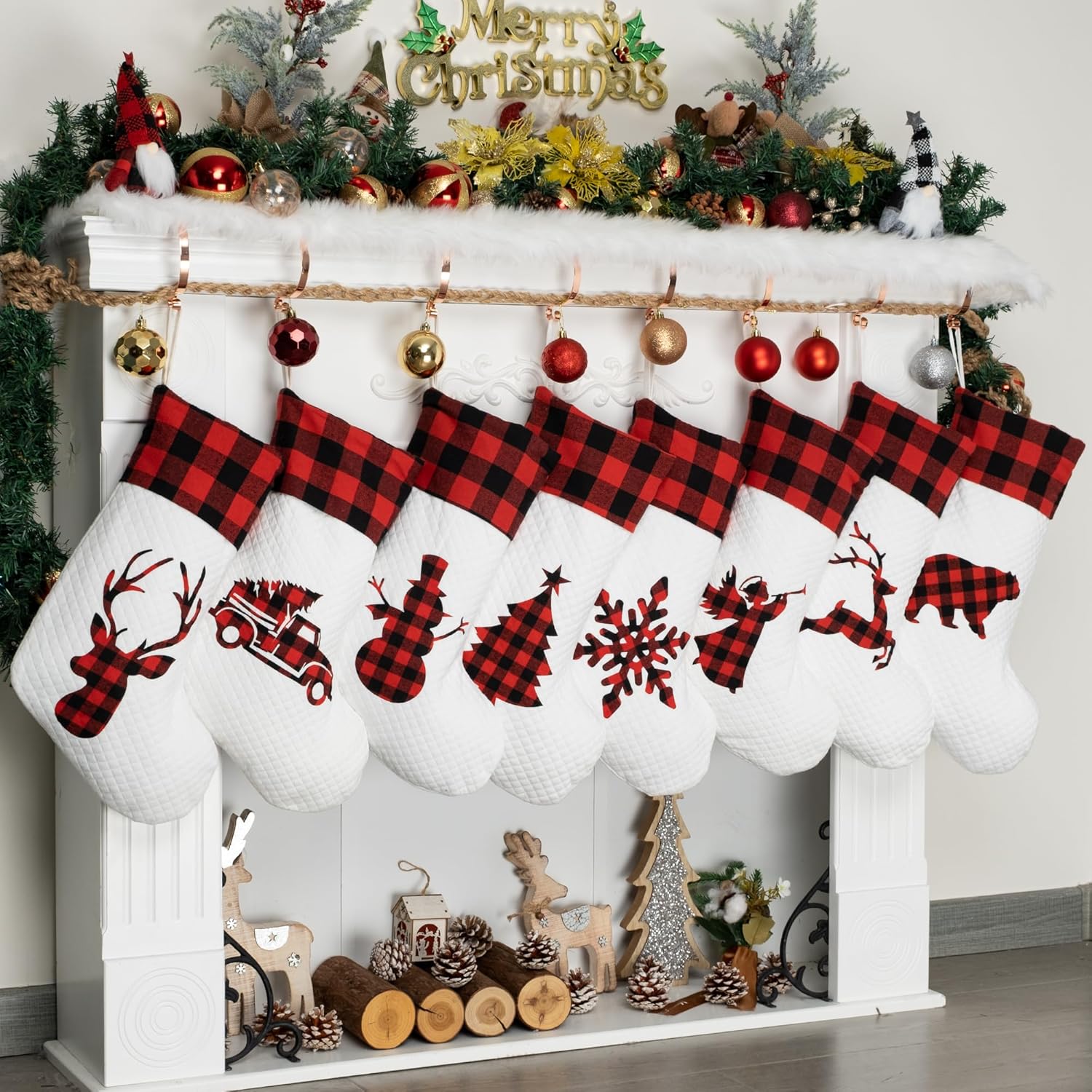 LUBOT Set of 8 Christmas Stocking(20inch) Silhouette Buffalo Red Plaid/Rustic/Farmhouse/Country Cotton Fireplace Hanging Xmas Stockings Decorations for Family Holiday Season Decor