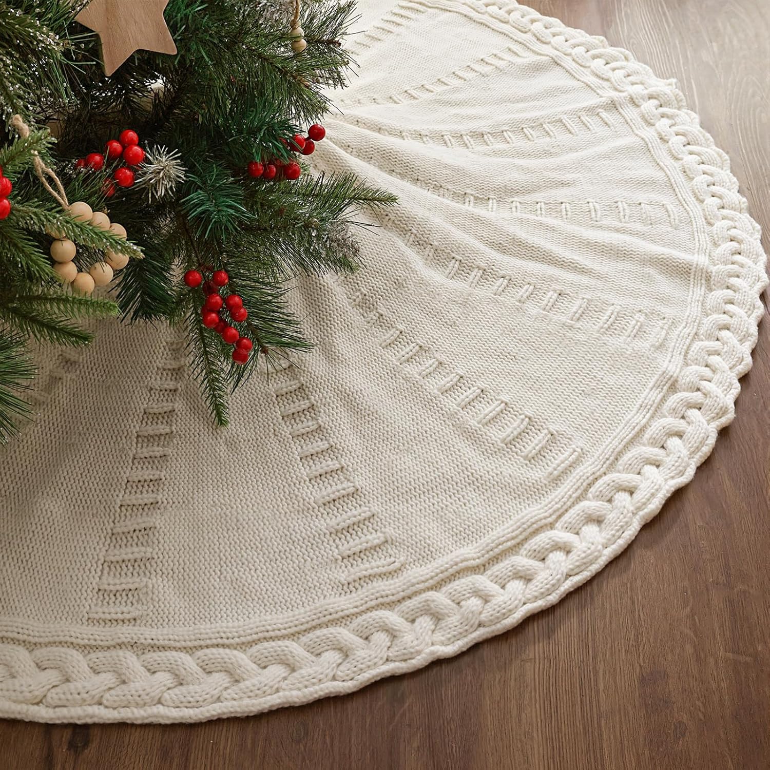 48 Inch Christmas Tree Skirt: Braided Cable Knit Tree Skirt for 7.5FT Tree, Cream White Tree Skirt, Vintage Tree Skirts, Rustic Farmhouse Christmas Decorations