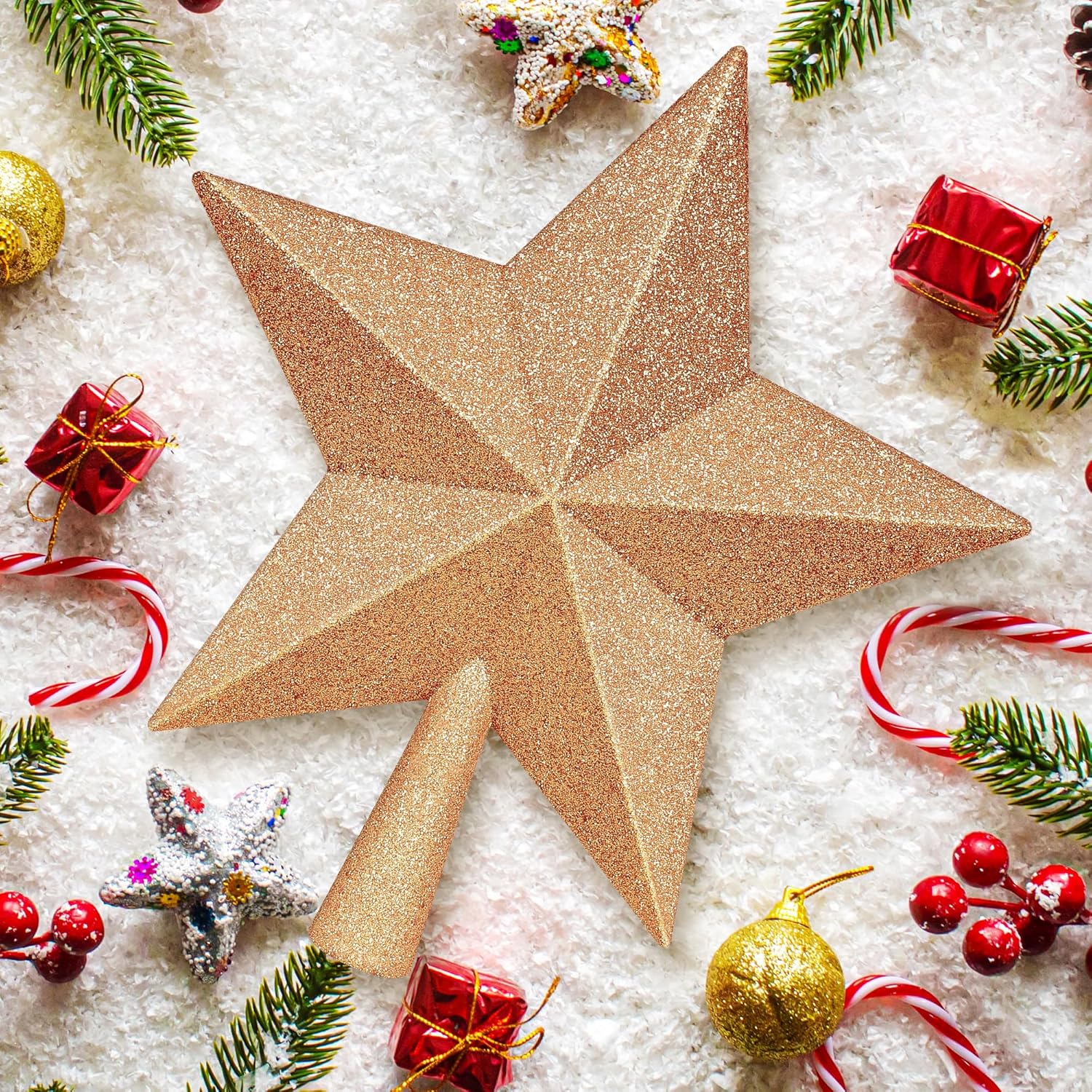 Christmas Tree Star Topper, 8 Gold Xmas Star Tree Decorations, 3D Shatterproof Bethlehem Star Tree Topper Decorations, Waterproof Christmas Tree Topper Decor for Holiday Home Outdoor Ornament