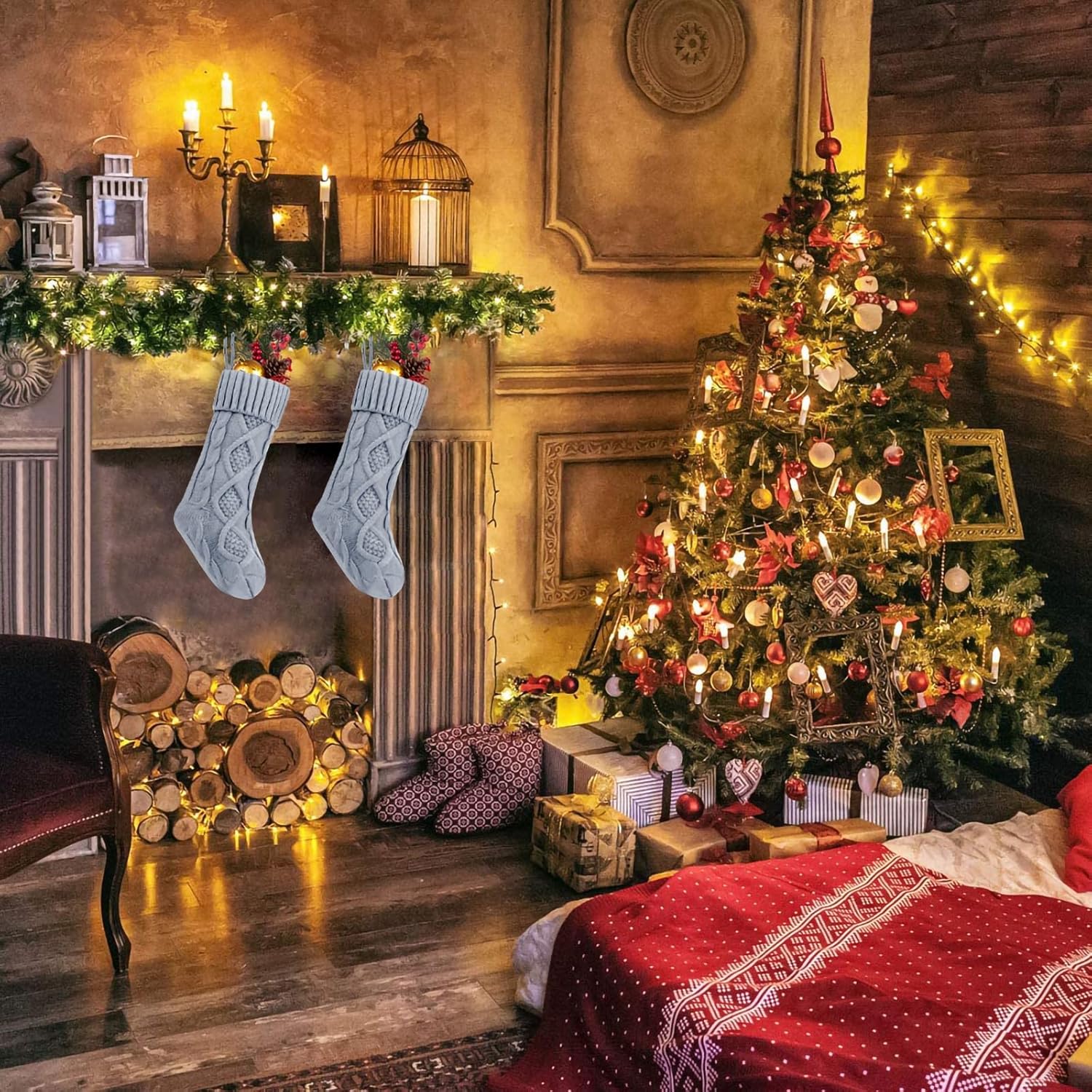 Fesciory 4 Pack Christmas Stockings 18 Inches Large Size Cable Knitted Stocking Gifts & Decorations for Family Holiday Xmas Party, Ivory White