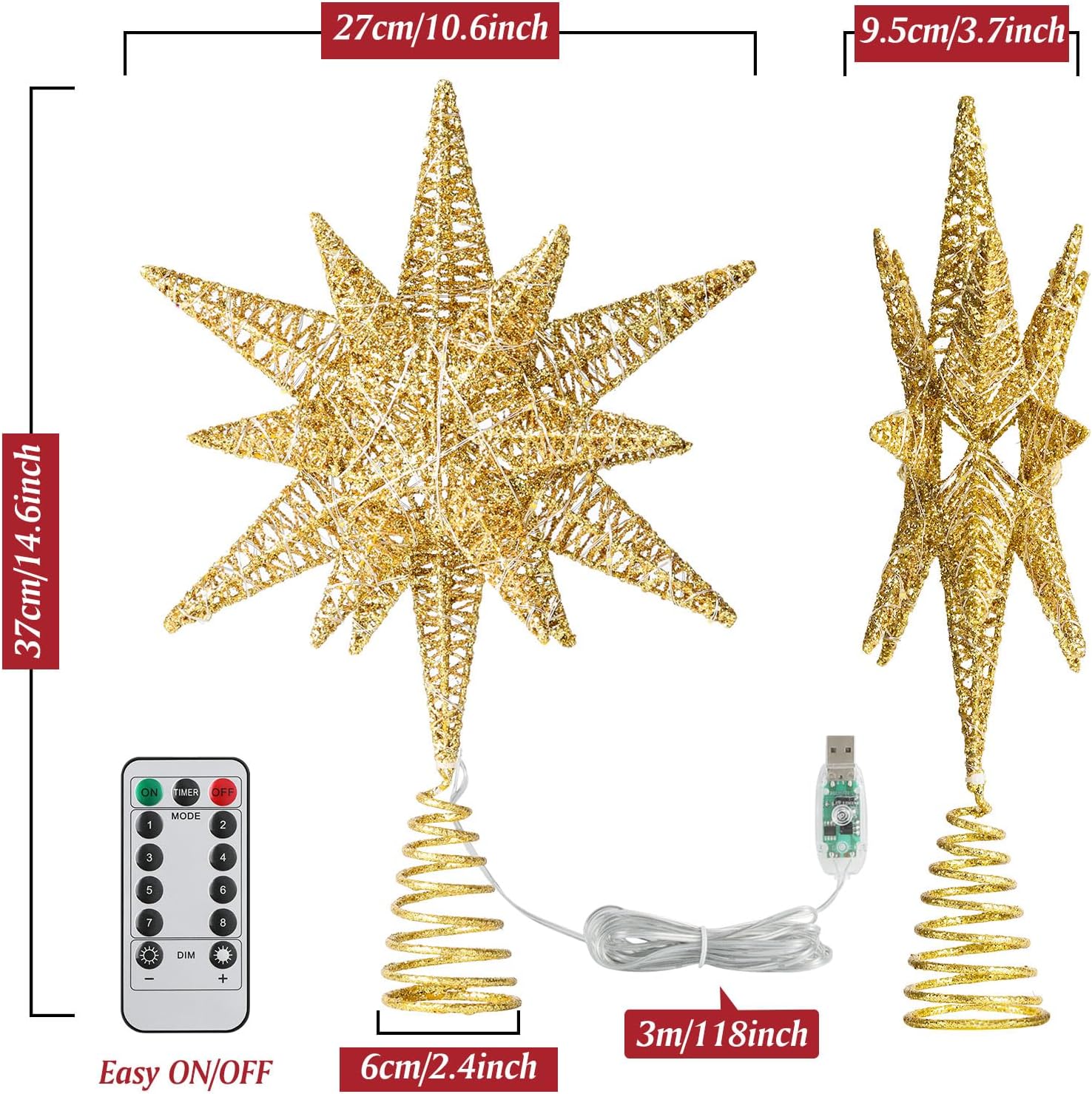 Roylvan Christmas Star Tree Topper with 8 Lighting Modes, USB Lighted Tree Topper with 20 LED Lights, Shiny Treetop Christmas Tree Decoration for Indoor Outdoor Holiday Home Ornament Gift, 9.8 Inch(H)