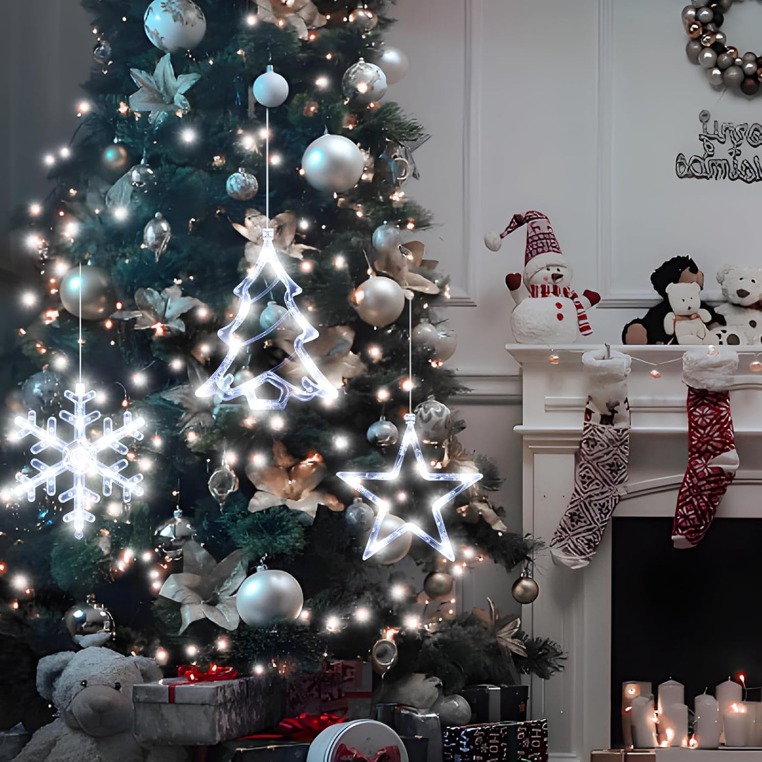 LYUBASA 3Pack Christmas Window Lights Decorations with Timer, Battery Powered Christmas Hanging White Lighted Snowflake Shaped LED Sucker for Xmas Lamp Tree Fireplace Indoor Decor