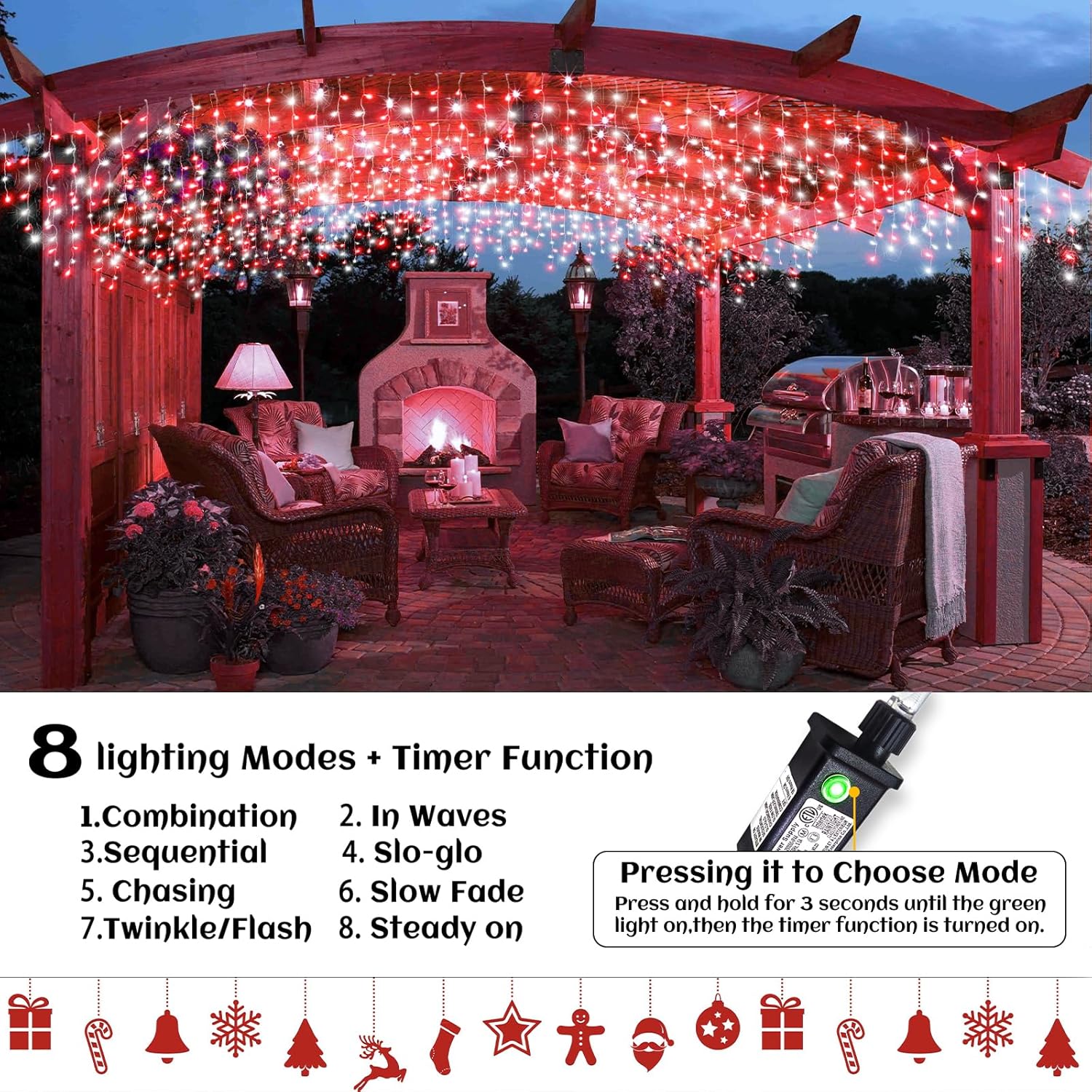 66ft Icicle Lights for Outside - 640 LED Christmas Lights Outdoor with 120 Drops 8 Modes, Plug in Twinkle Light Outside for Holiday Wedding Party Tree Room Indoor Thanksgiving Decoration, Warm White