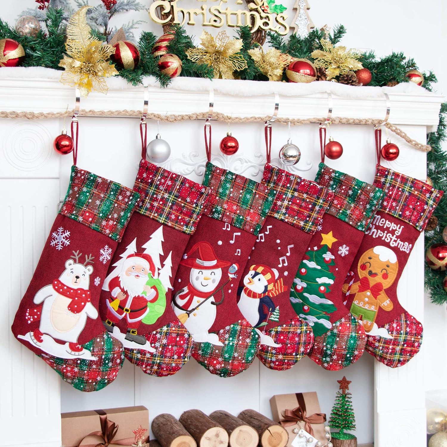 LUBOT Set of 8 Christmas Stocking(20inch) Silhouette Buffalo Red Plaid/Rustic/Farmhouse/Country Cotton Fireplace Hanging Xmas Stockings Decorations for Family Holiday Season Decor
