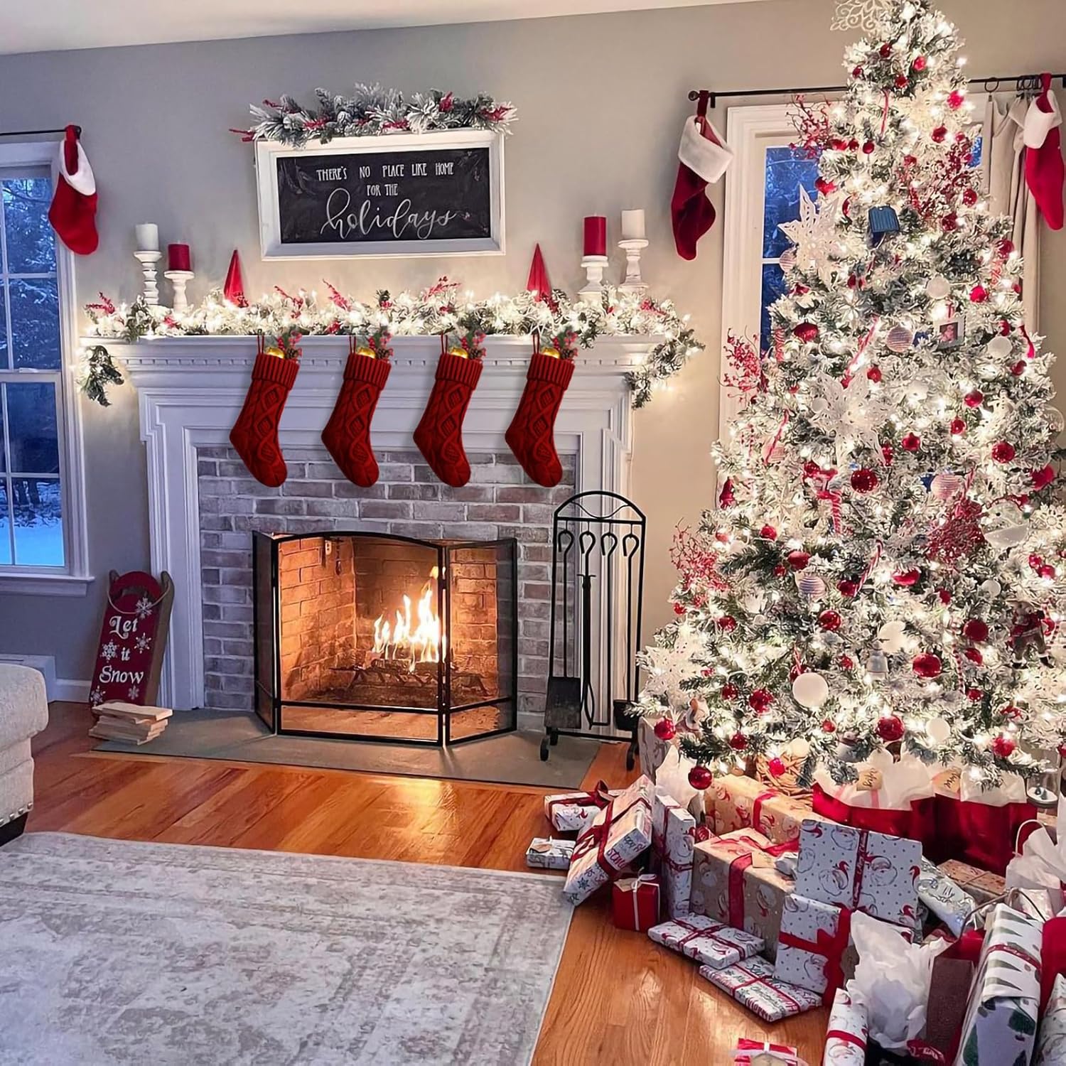 Fesciory 4 Pack Christmas Stockings 18 Inches Large Size Cable Knitted Stocking Gifts & Decorations for Family Holiday Xmas Party, Ivory White