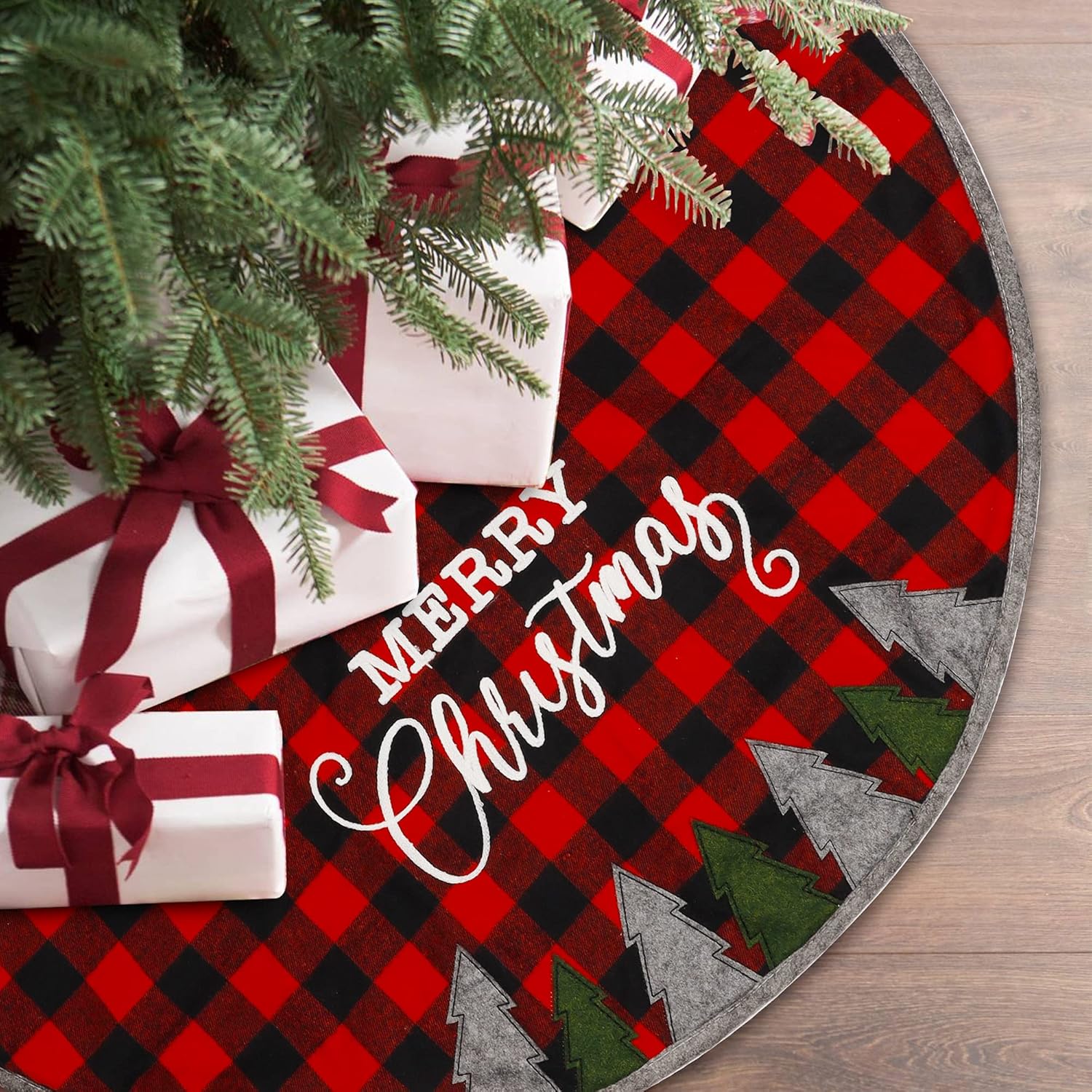 Juegoal 48 Inch Christmas Tree Skirt, Soft Red and Black Plaid Christmas Tree Mat for Xmas Party Decoration, Christmas Tree Holiday Decor