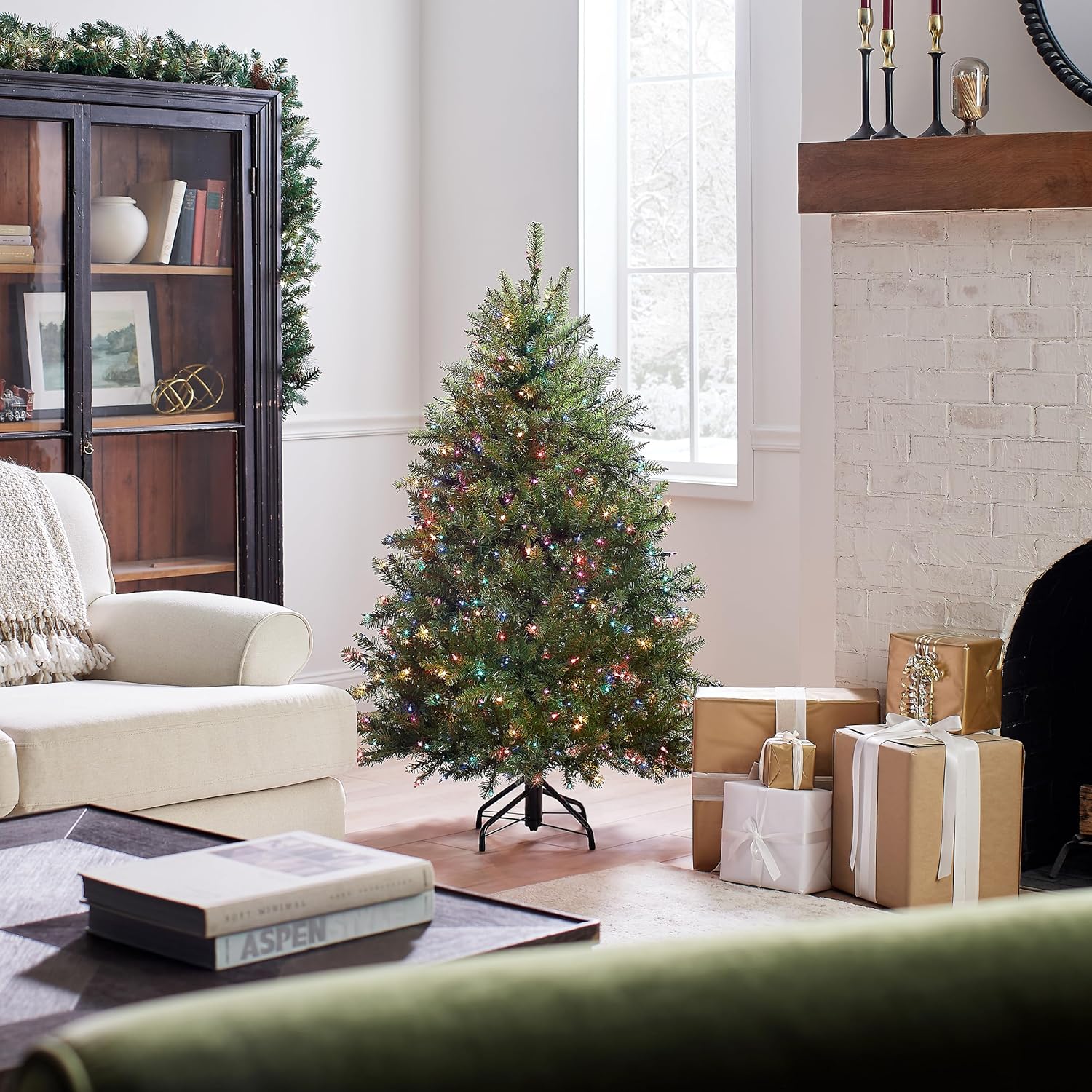 National Tree Company 4.5 ft Pre-Lit Dunhill Fir Artificial Christmas Tree, 450 Multicolor Lights, 763 Tips, Includes Stand, Green