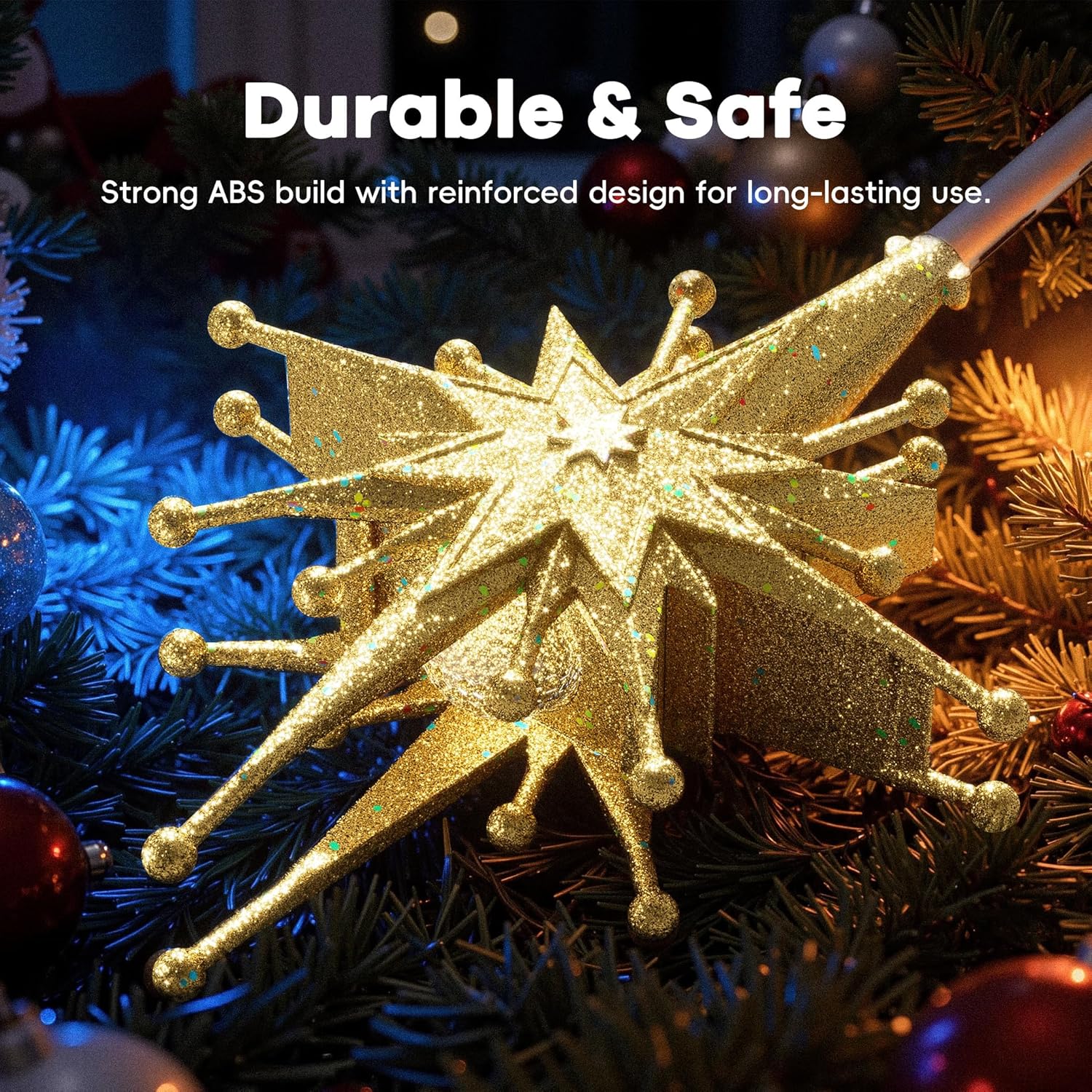 DG-Direct Christmas Tree Topper Lighted with Golden Snowflake Projector, Led Rotating Magic Snowflake, 3D Hollow Glitter Lighted Gold Snow Tree Topper for Christmas Tree Decorations