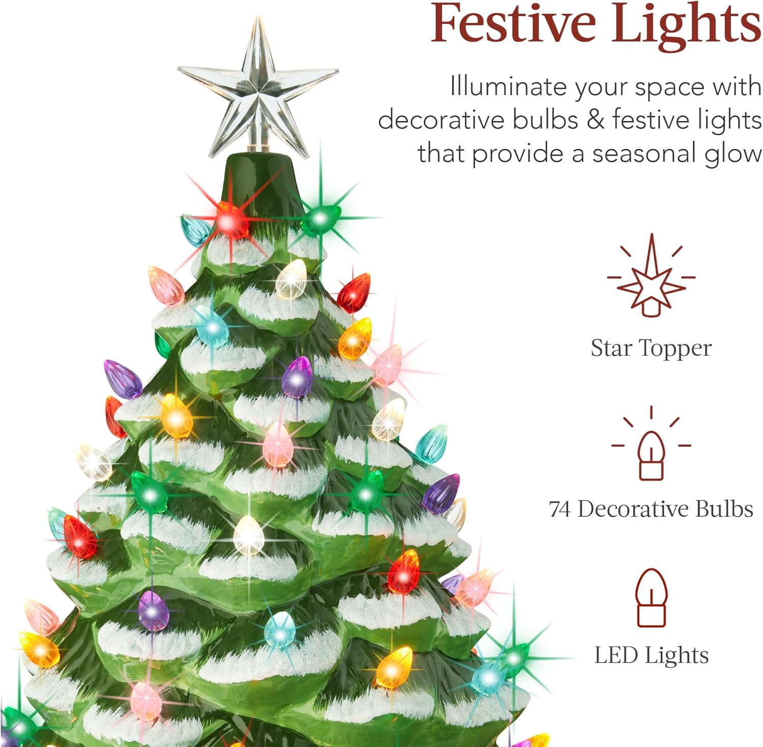 Best Choice Products 18in Large Ceramic Christmas Tree, Pre-lit Hand-Painted Tabletop Holiday Decoration w/Power Cord, 2 Star, 93 Multicolored Bulbs, LED Lights - Green