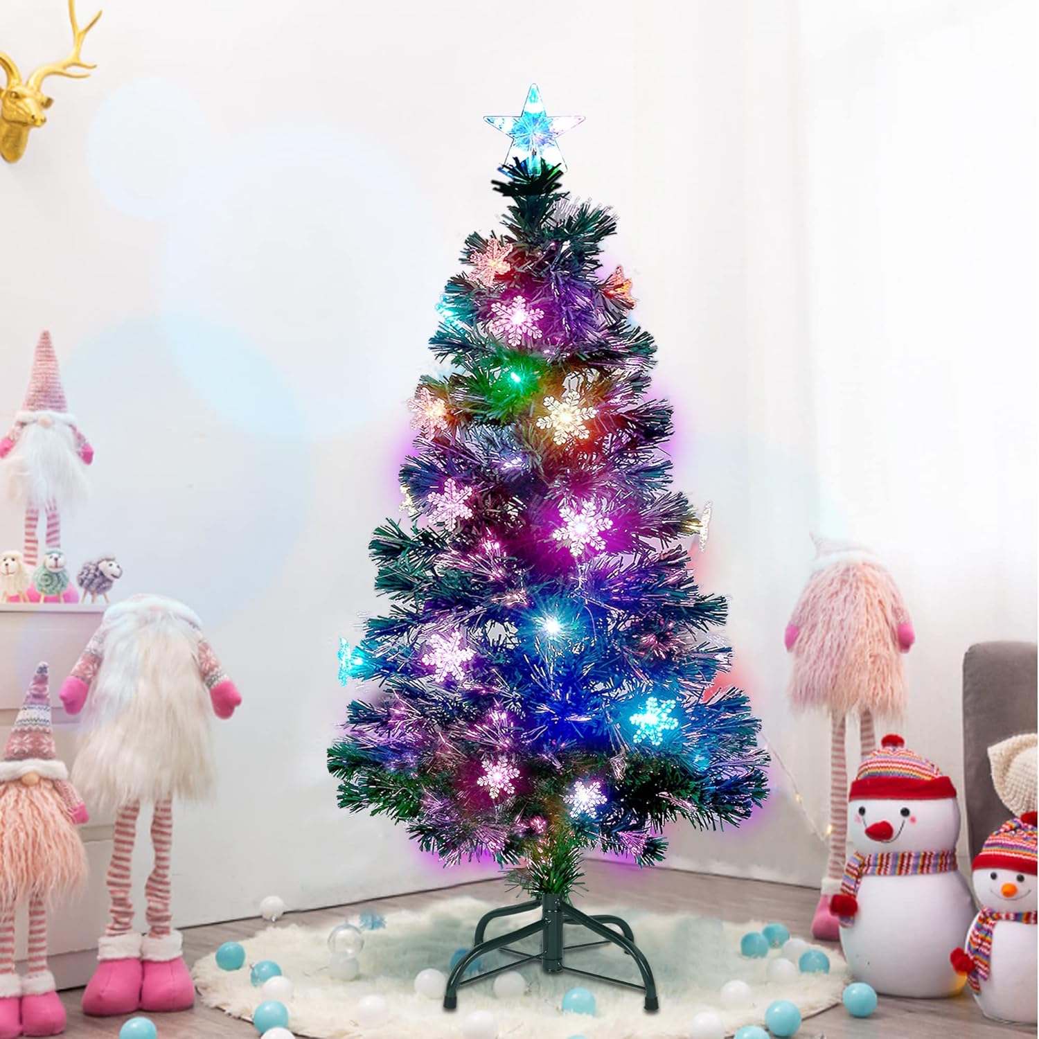 Juegoal 6 ft Pre-Lit Optical Fiber Christmas Artificial Tree, RGB Color Changing LED Lights, Snowflakes & Top Star, Fake Xmas Tree with Metal Legs
