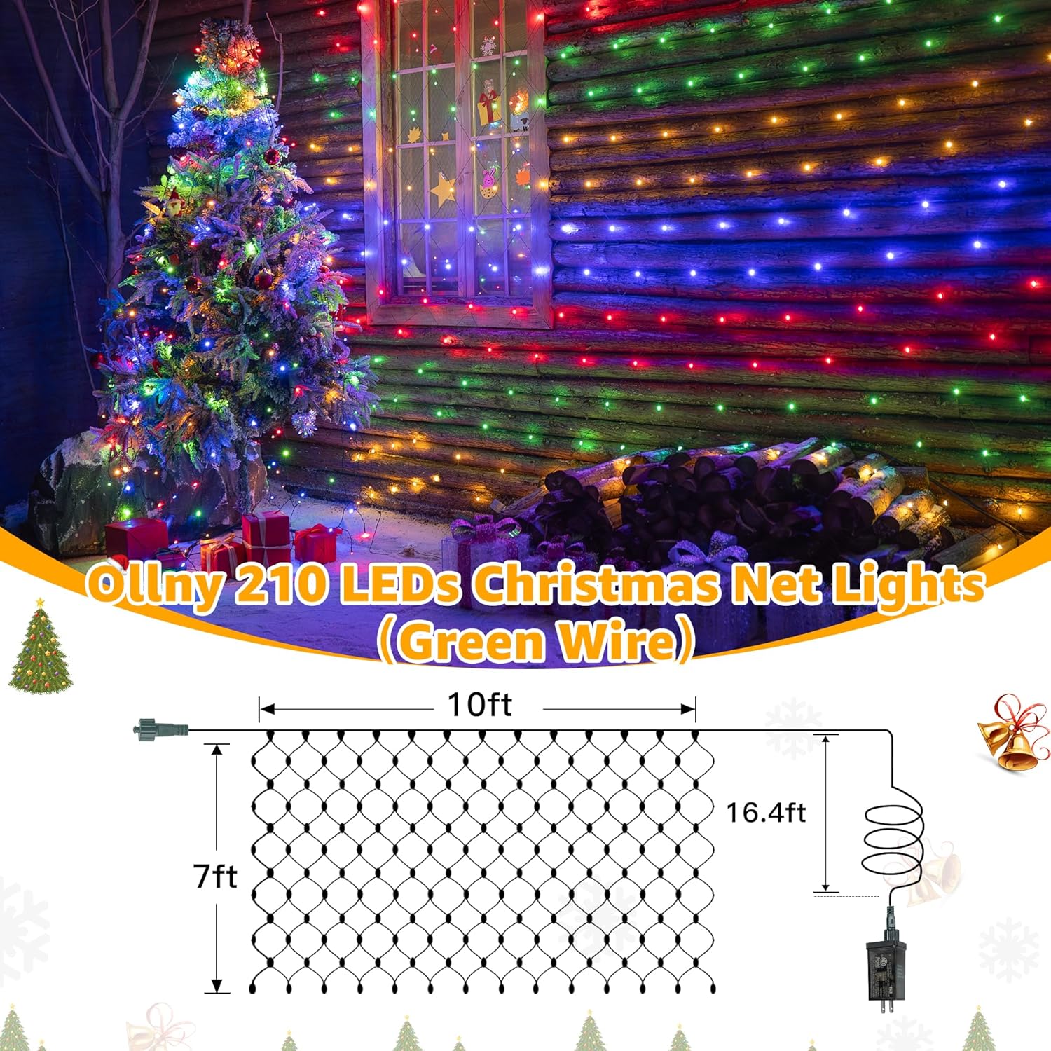 Ollny Net Lights Outdoor Mesh Light 10x7ft, 210LED Clear Wire Connectable Christmas Net Lights with 8 Modes, IP67 Waterproof Bush Light for Tree Wall Ceiling Outside Decorations, Warm White