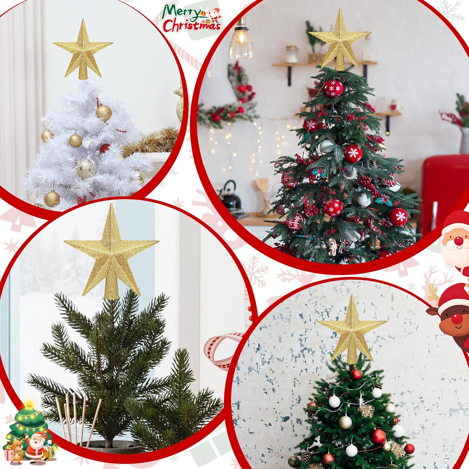 Christmas Tree Star Topper, 8 Gold Xmas Star Tree Decorations, 3D Shatterproof Bethlehem Star Tree Topper Decorations, Waterproof Christmas Tree Topper Decor for Holiday Home Outdoor Ornament