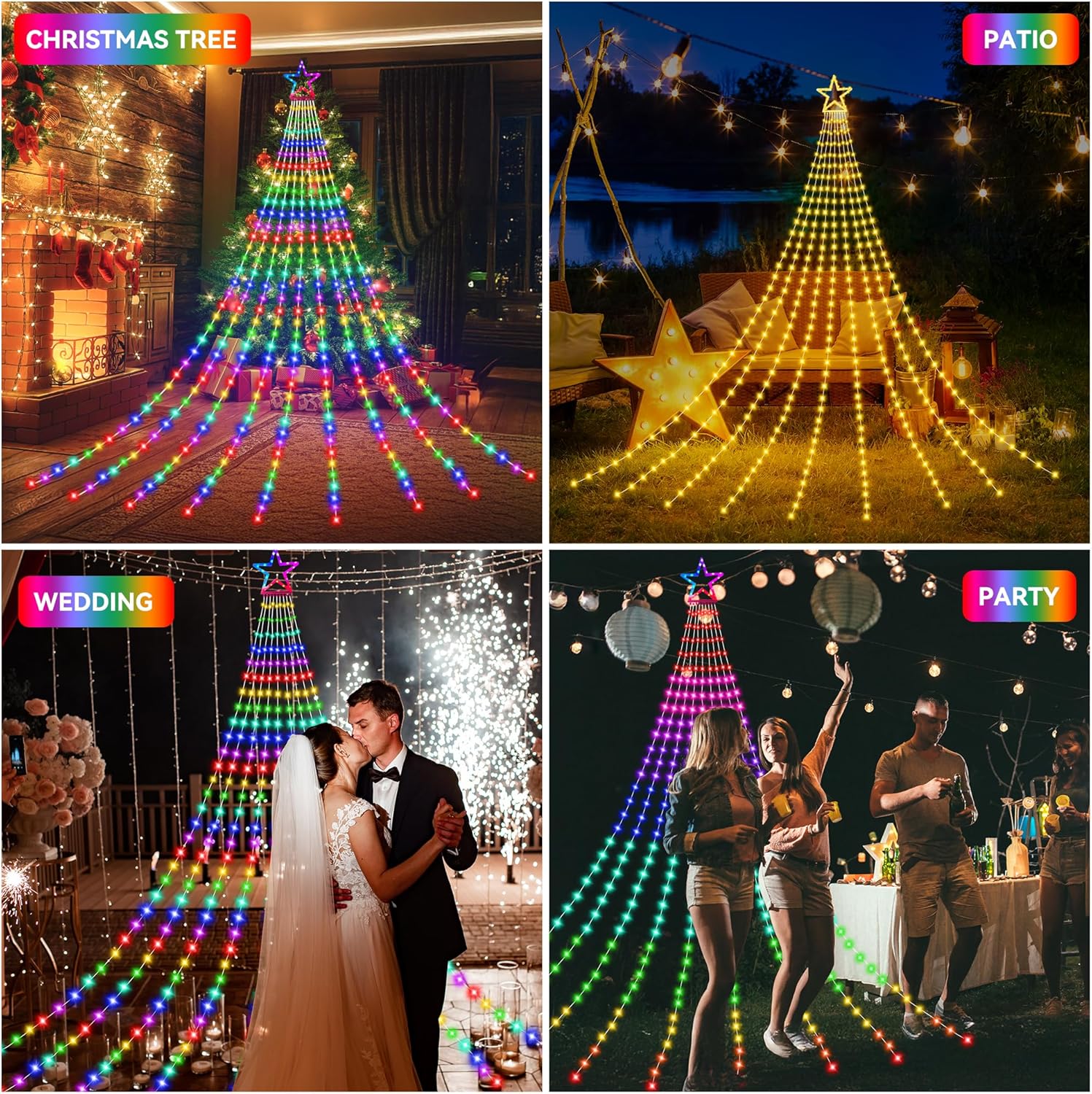 PUHONG Christmas Lights, Decorations Star Lights, 320 LED Christmas Tree Lights Outdoor, 16.4Ft String Lights, 8 Light Modes with 12 Lighted Star for Xmas New Year (Iron-Multicolor)