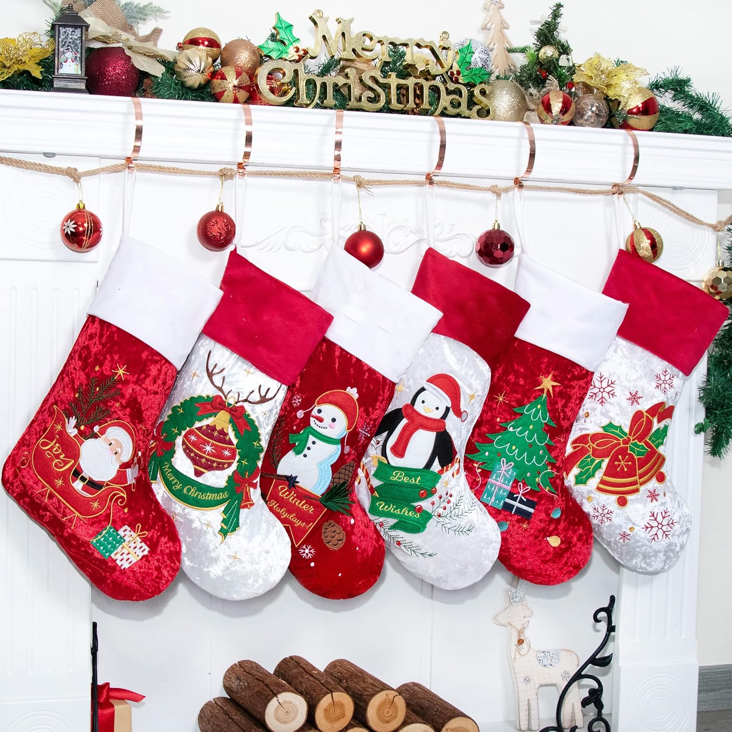 LUBOT Set of 8 Christmas Stocking(20inch) Silhouette Buffalo Red Plaid/Rustic/Farmhouse/Country Cotton Fireplace Hanging Xmas Stockings Decorations for Family Holiday Season Decor