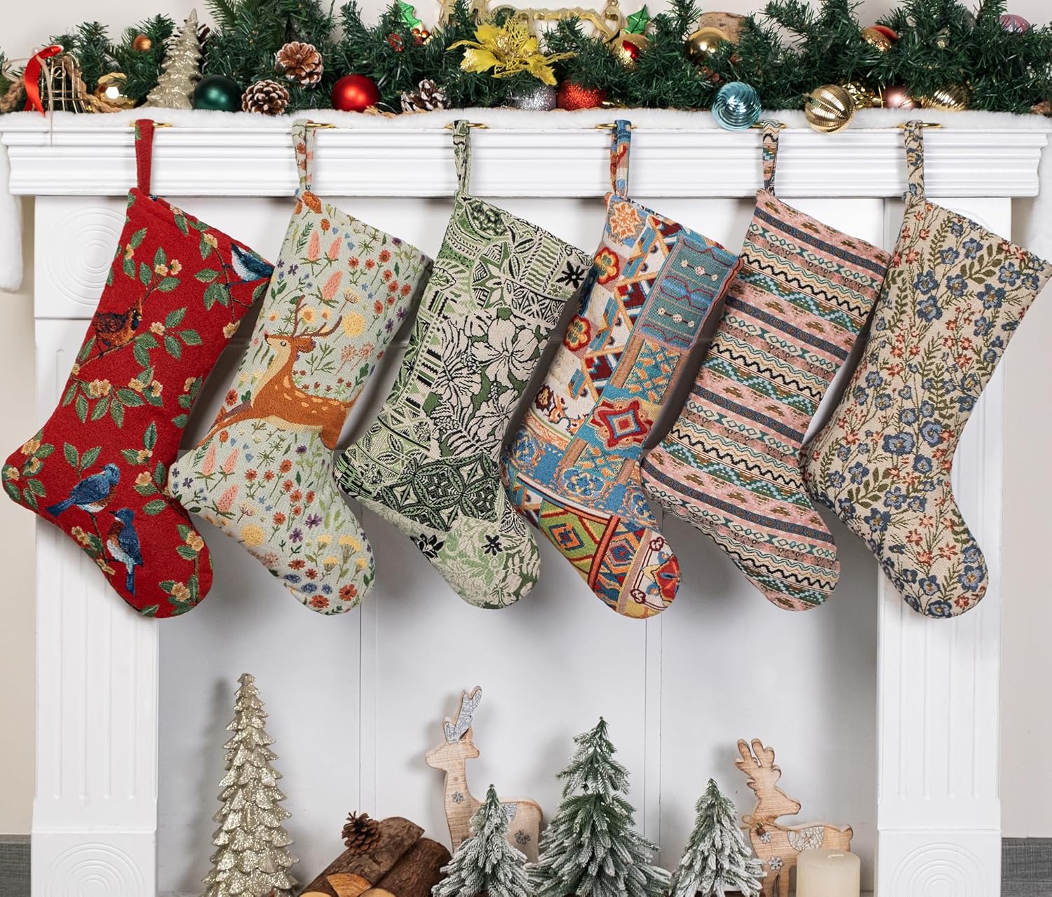 LUBOT Set of 8 Christmas Stocking(20inch) Silhouette Buffalo Red Plaid/Rustic/Farmhouse/Country Cotton Fireplace Hanging Xmas Stockings Decorations for Family Holiday Season Decor