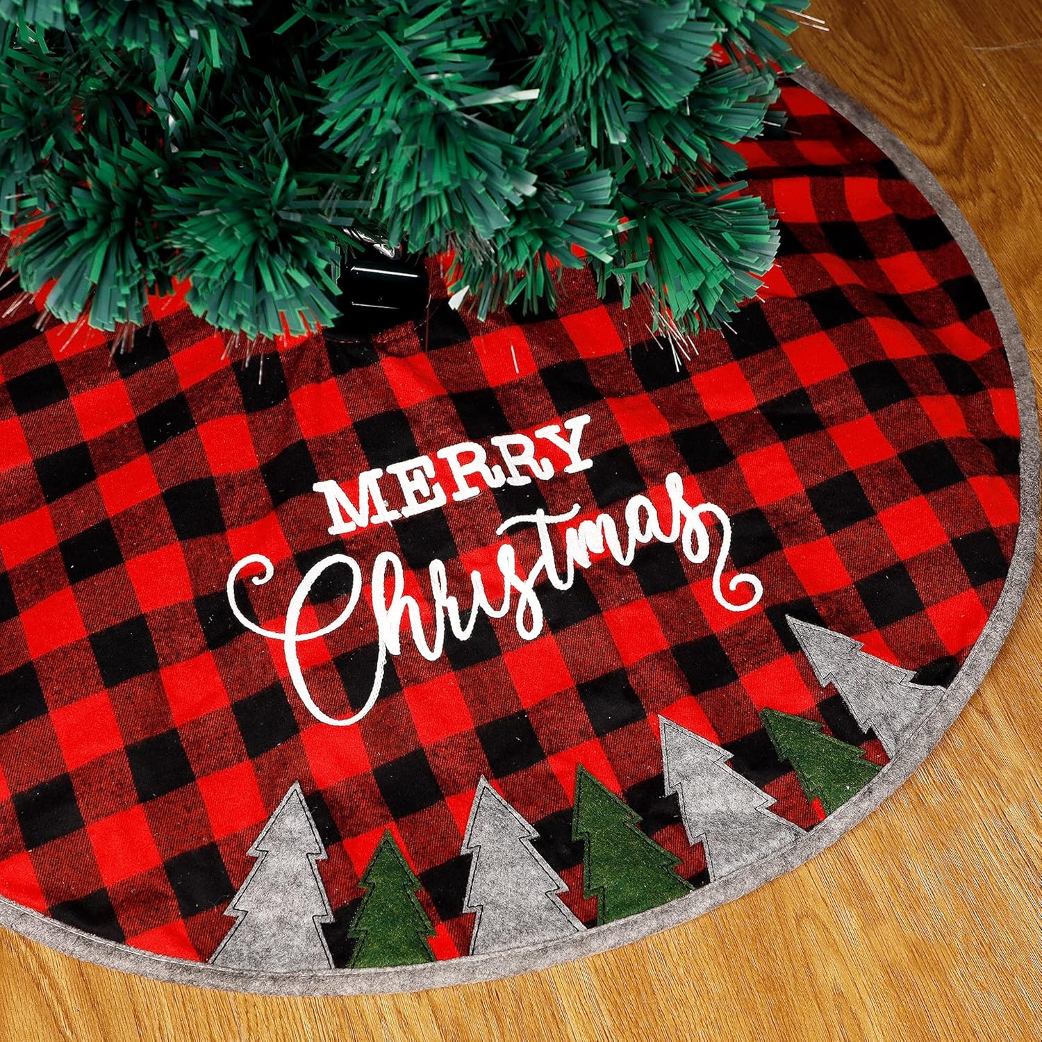 Juegoal 48 Inch Christmas Tree Skirt, Soft Red and Black Plaid Christmas Tree Mat for Xmas Party Decoration, Christmas Tree Holiday Decor