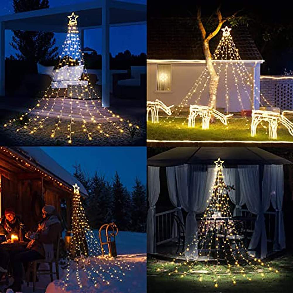 PUHONG Christmas Lights, Decorations Star Lights, 320 LED Christmas Tree Lights Outdoor, 16.4Ft String Lights, 8 Light Modes with 12 Lighted Star for Xmas New Year (Iron-Multicolor)