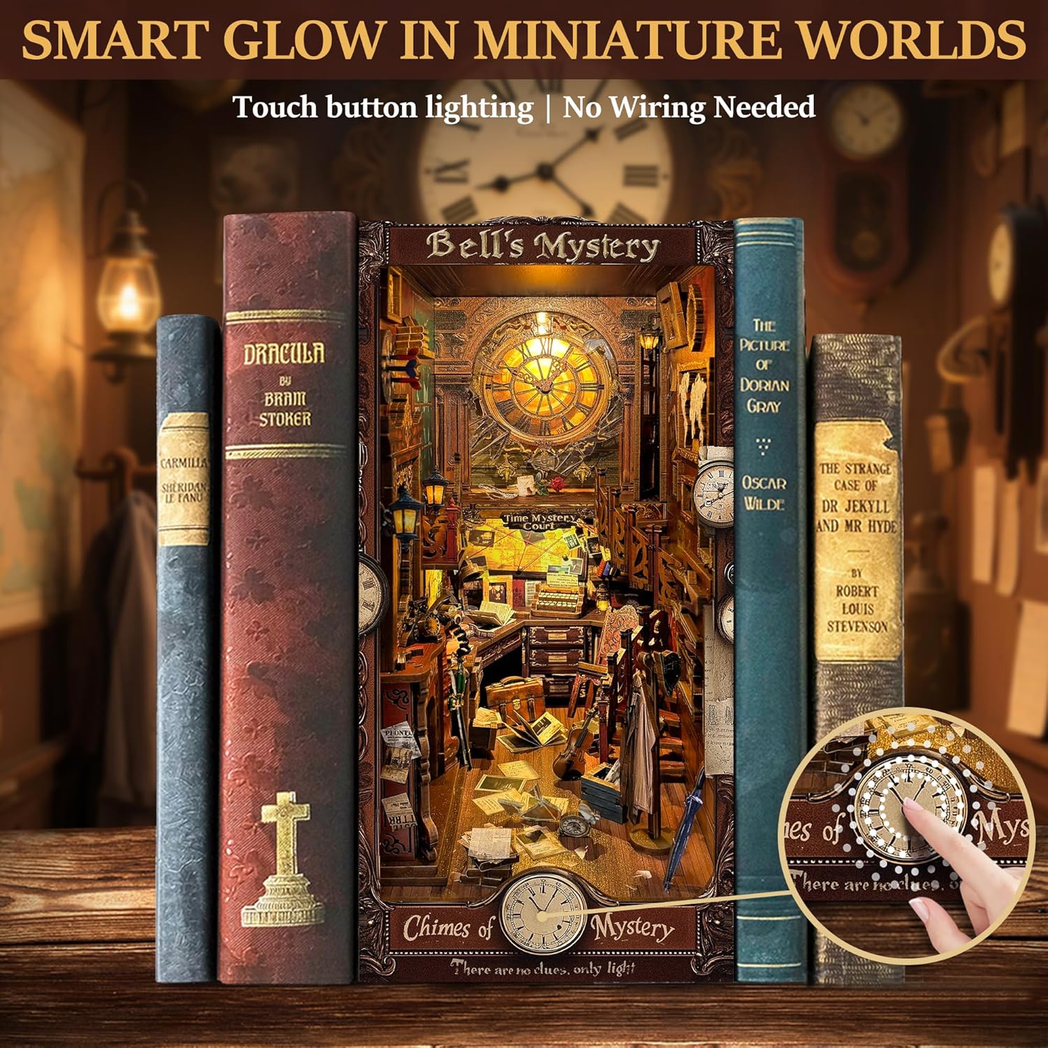 CRIOLPO Book Nook Kit - DIY Doll House Booknook, Book Nook Miniature Kit for Bookshelf Doll Houses for Adults Teen Halloween, 3D Wooden Puzzle Bookends with Sensor Led Light