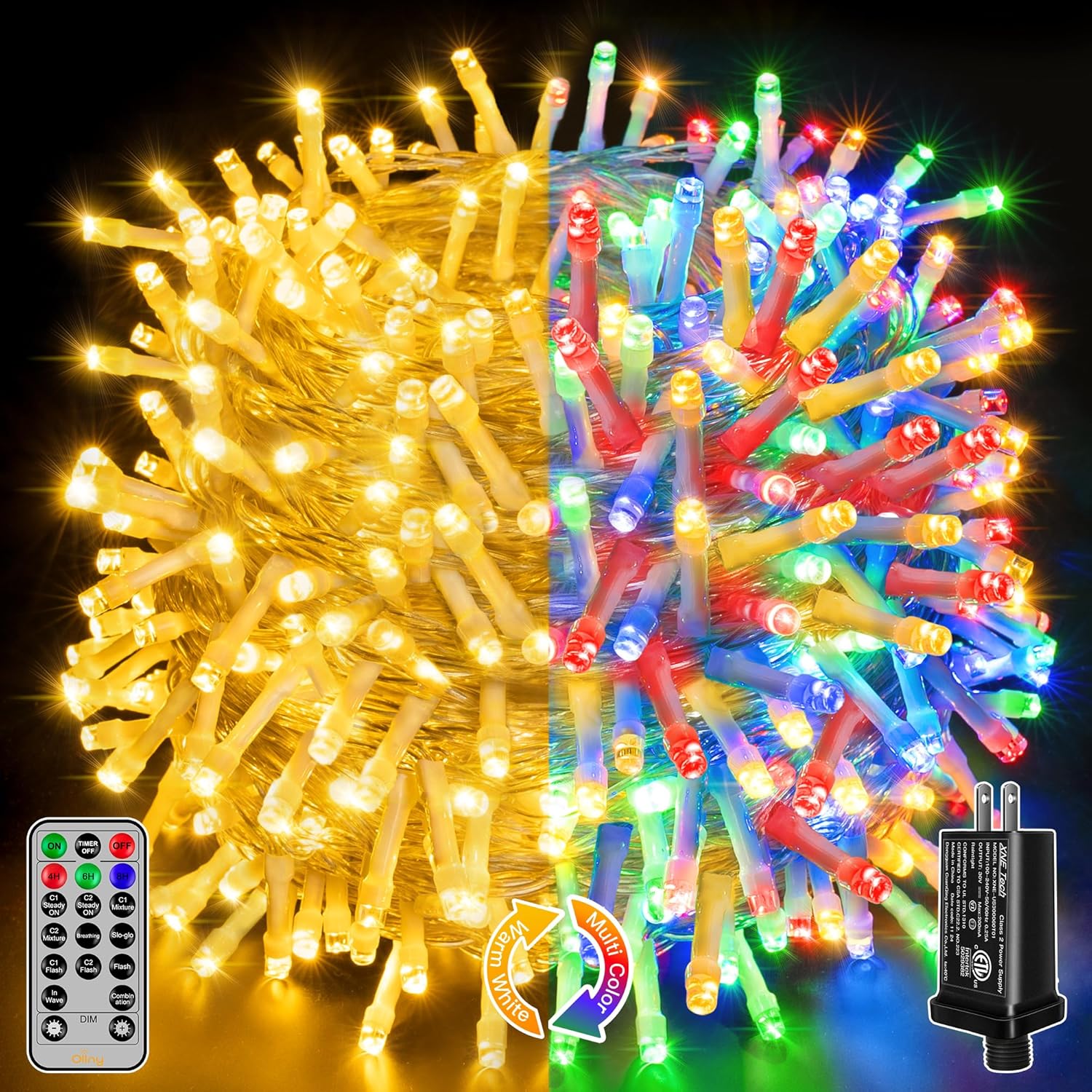Ollny Christmas Lights, 210FT 640LED Christmas Tree Lights with 11 Modes Remote Control IP44 Waterproof Warm White to Multicolored Outdoor Christmas Lights for Outside Indoor Patio Xmas Decorations