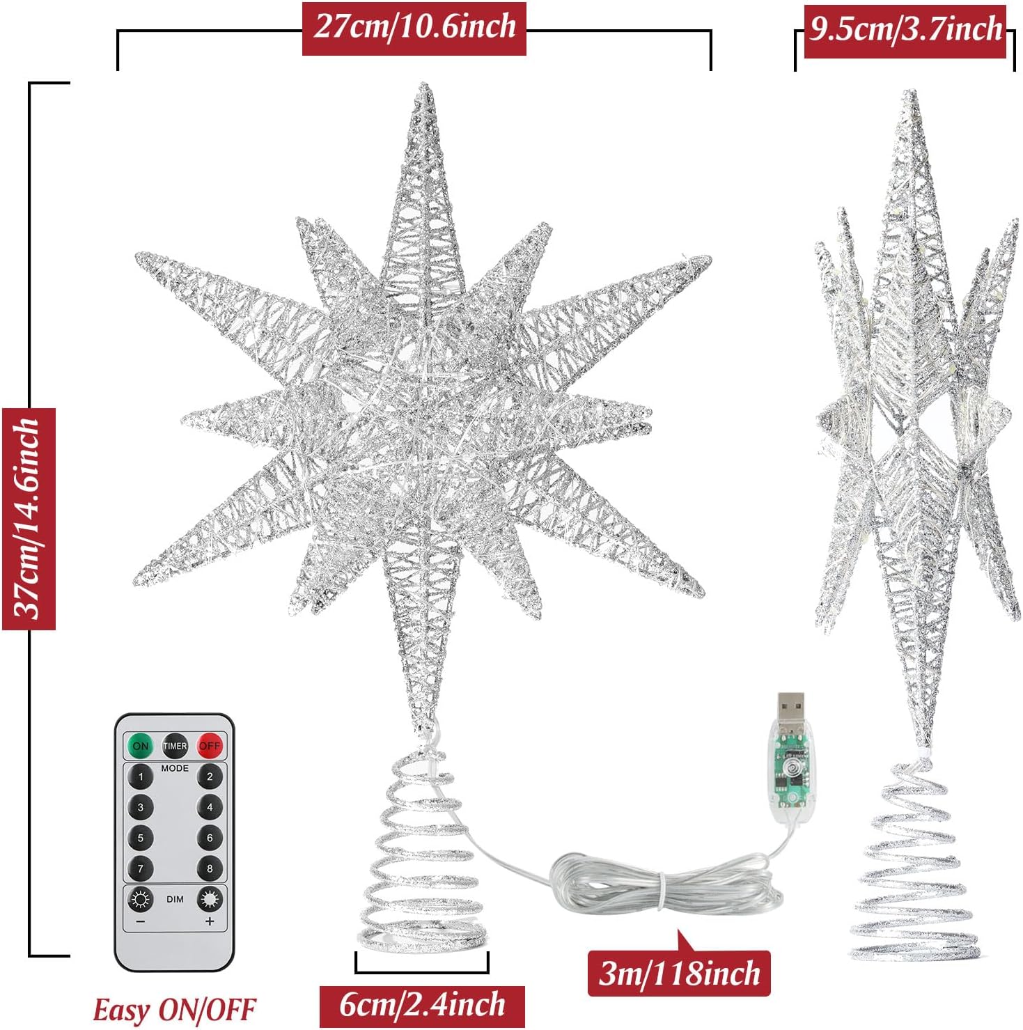 Roylvan Christmas Star Tree Topper with 8 Lighting Modes, USB Lighted Tree Topper with 20 LED Lights, Shiny Treetop Christmas Tree Decoration for Indoor Outdoor Holiday Home Ornament Gift, 9.8 Inch(H)