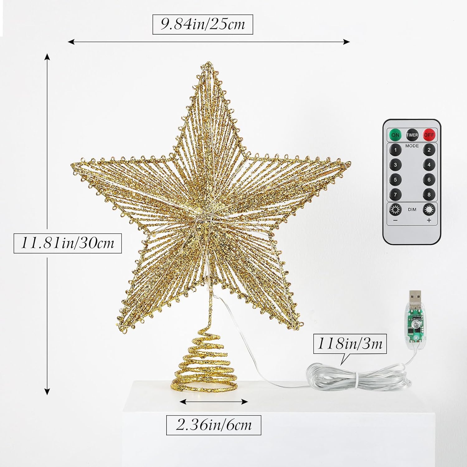 Roylvan Christmas Star Tree Topper with 8 Lighting Modes, USB Lighted Tree Topper with 20 LED Lights, Shiny Treetop Christmas Tree Decoration for Indoor Outdoor Holiday Home Ornament Gift, 9.8 Inch(H)