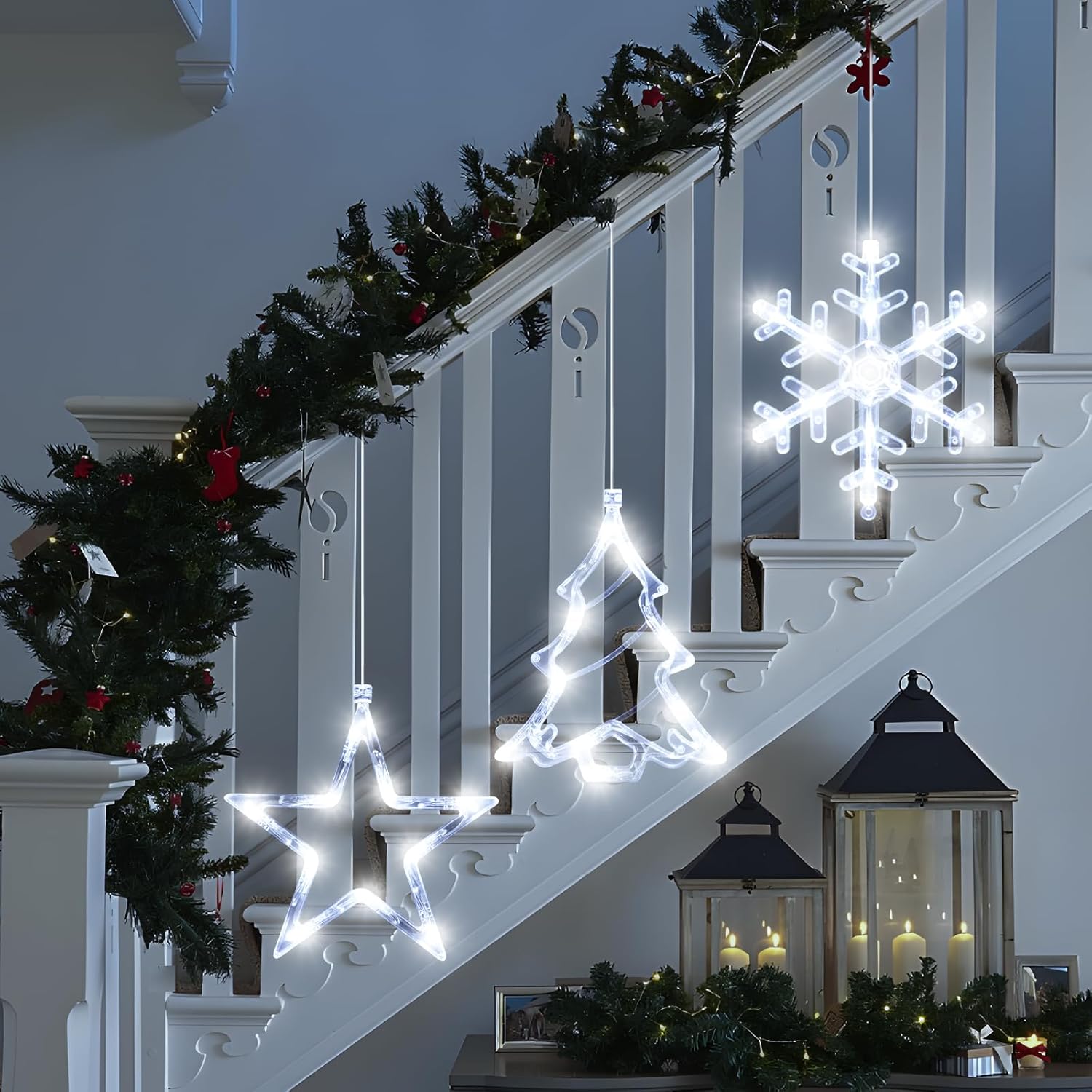 LYUBASA 3Pack Christmas Window Lights Decorations with Timer, Battery Powered Christmas Hanging White Lighted Snowflake Shaped LED Sucker for Xmas Lamp Tree Fireplace Indoor Decor