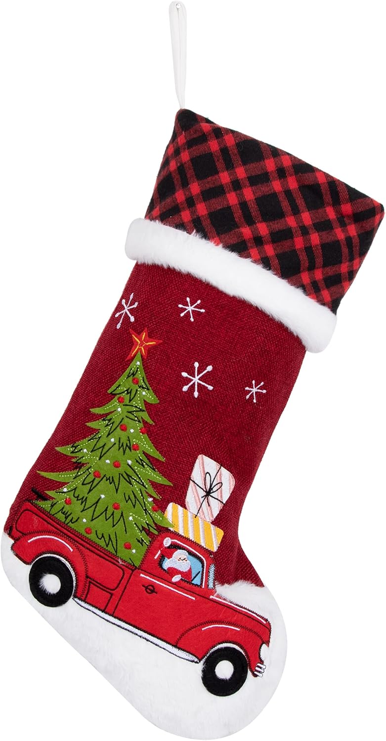 LUBOT Set of 8 Christmas Stocking(20inch) Silhouette Buffalo Red Plaid/Rustic/Farmhouse/Country Cotton Fireplace Hanging Xmas Stockings Decorations for Family Holiday Season Decor