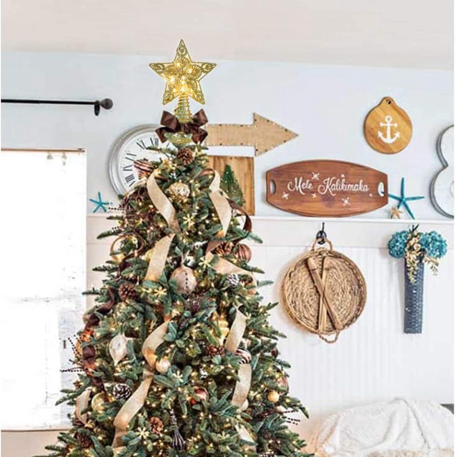 Juegoal Star Tree Topper with 20 LED Lights, Metal Golden Lighted Treetop Ornaments, Battery Powered Light Up Christmas Tree Decorations, 6.5 x 6.5 Inches