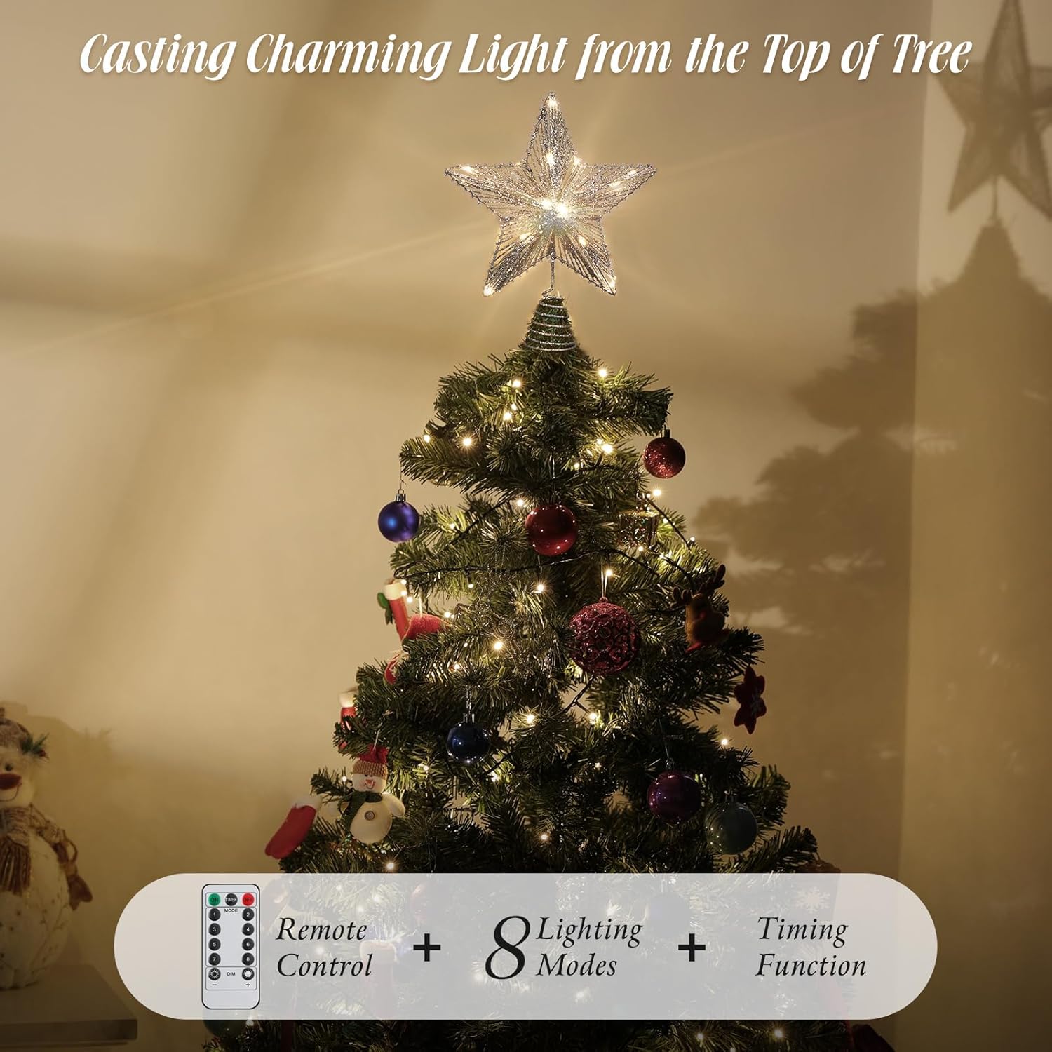 Roylvan Christmas Star Tree Topper with 8 Lighting Modes, USB Lighted Tree Topper with 20 LED Lights, Shiny Treetop Christmas Tree Decoration for Indoor Outdoor Holiday Home Ornament Gift, 9.8 Inch(H)