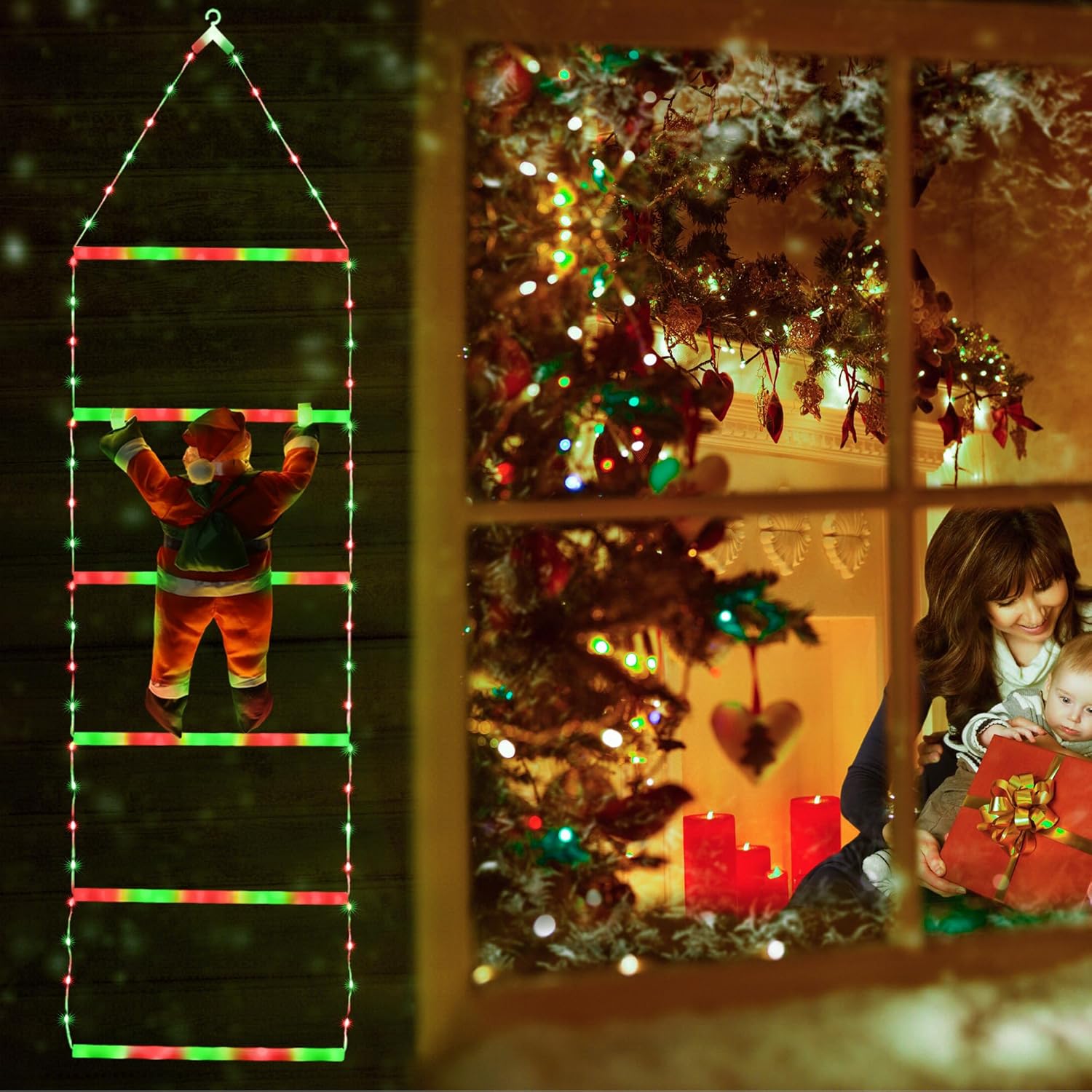 Toodour LED Christmas Lights - 10ft Christmas Decorative Ladder Lights with Santa Claus, Xmas Decorations Light for Indoor Outdoor, Window, Garden, Home, Wall, Xmas Tree Decor - Multicolor