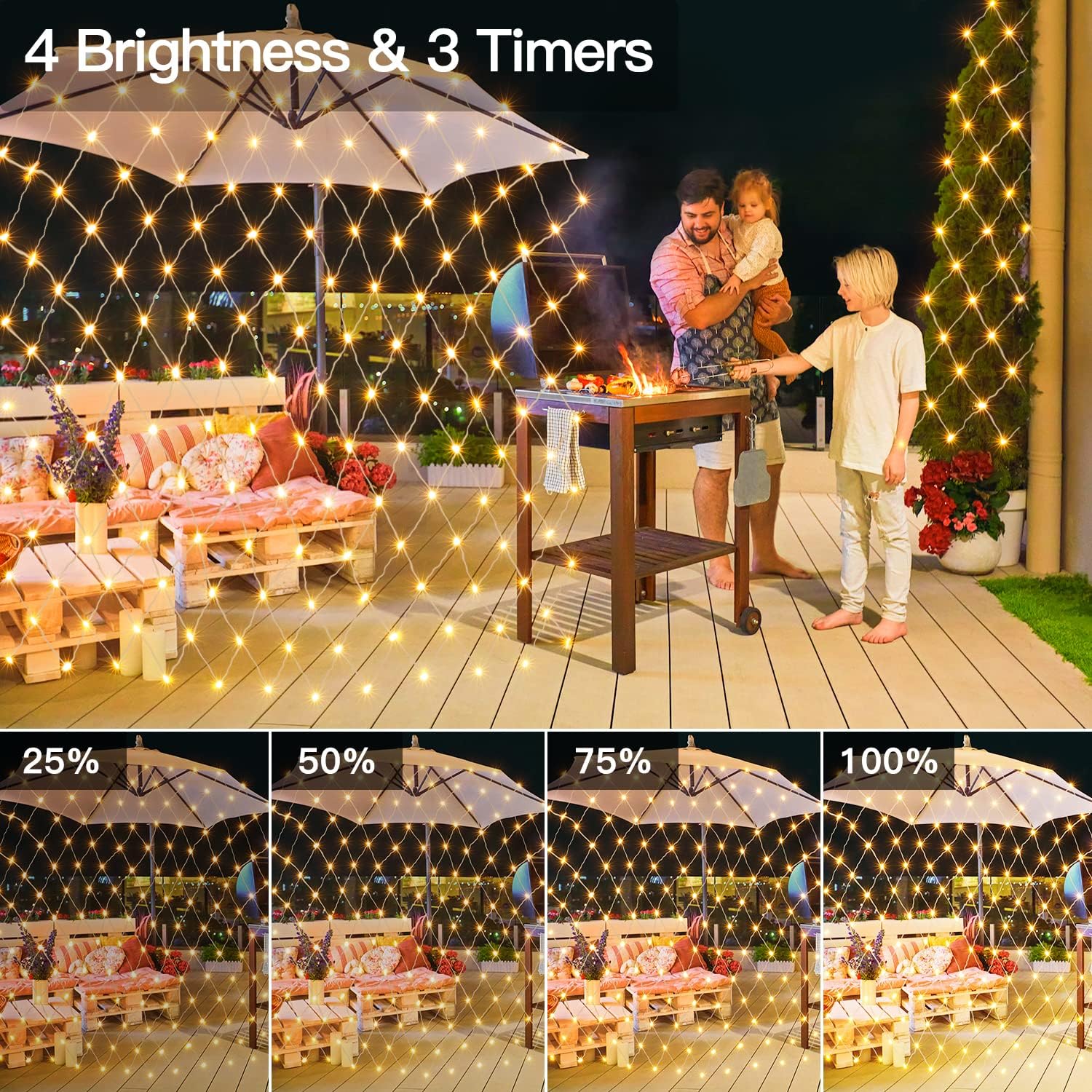 Ollny Net Lights Outdoor Mesh Light 10x7ft, 210LED Clear Wire Connectable Christmas Net Lights with 8 Modes, IP67 Waterproof Bush Light for Tree Wall Ceiling Outside Decorations, Warm White